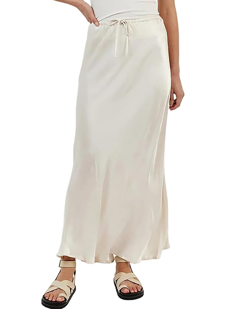 Meladyan, Meladyan Womens Woman Drawstring High Elastic Waist Maxi Long a Line Flare Solid Slim Fitted Going Out Casual Midi Skirt, White, Large