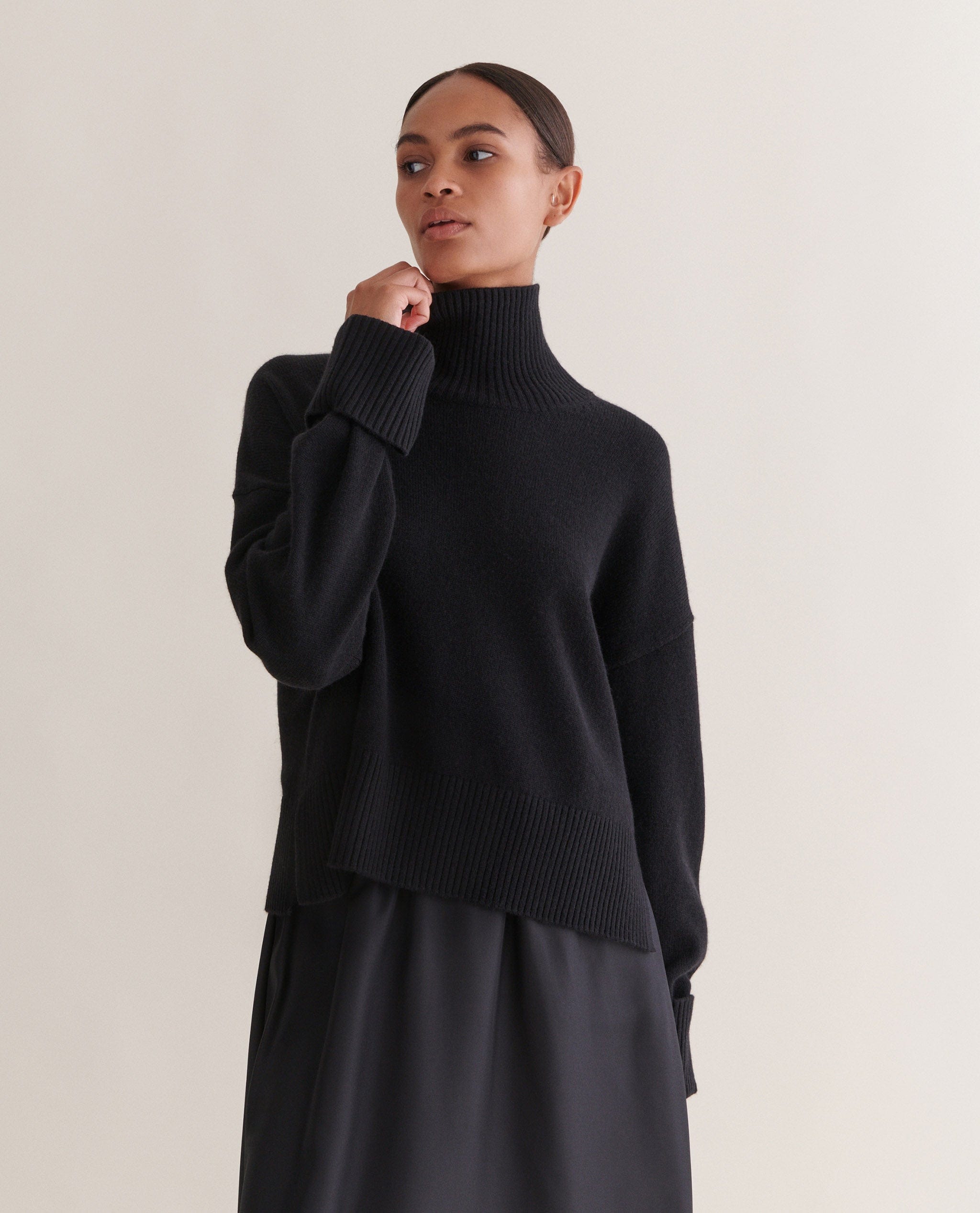 Black Cashmere Merino High Neck Jumper | Rise &amp;amp; Fall