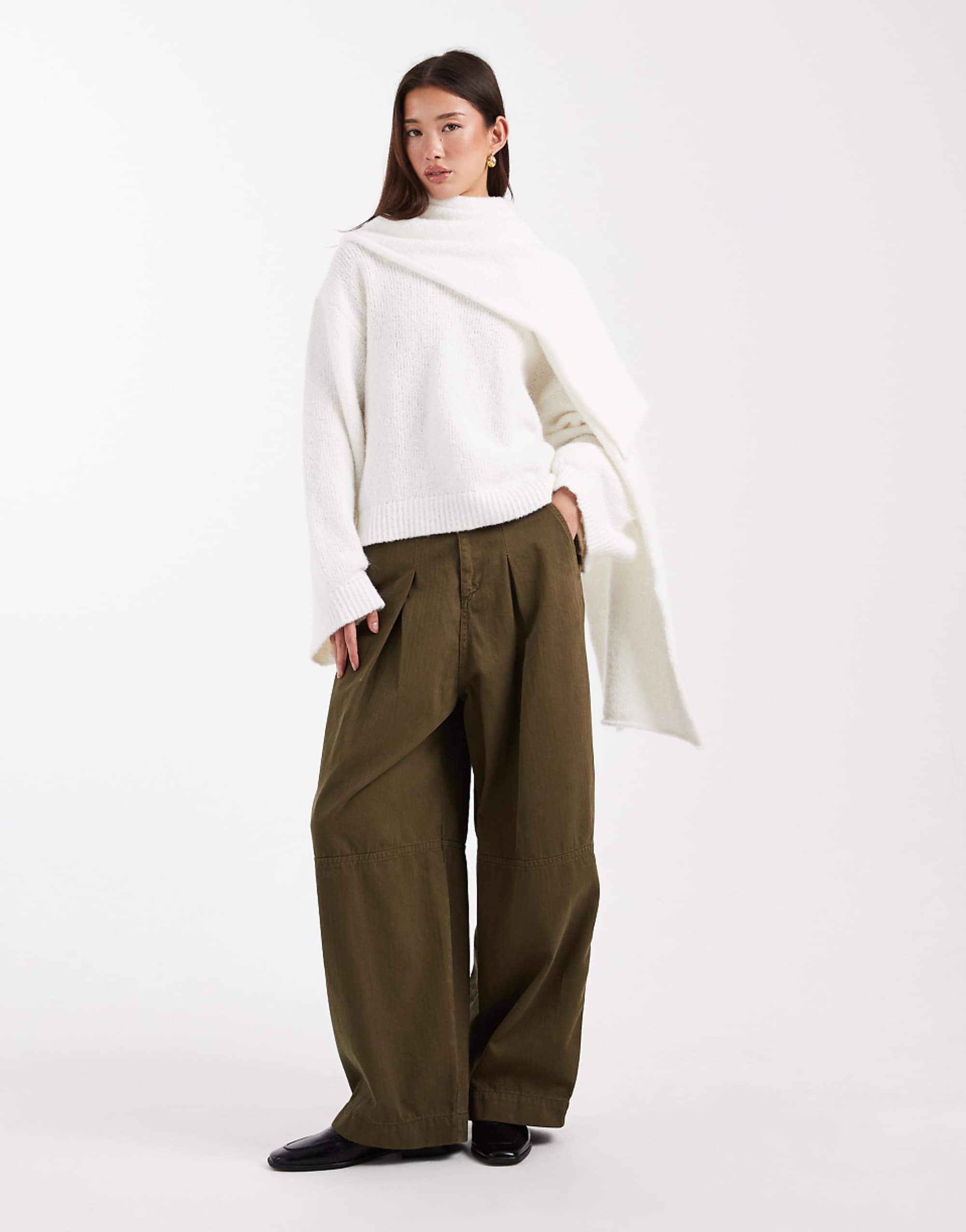 Asos Design Knitted Jumper With Attached Scarf With Wool in Cream