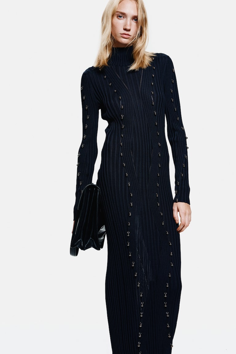 Bead-Embellished Rib-Knit Dress