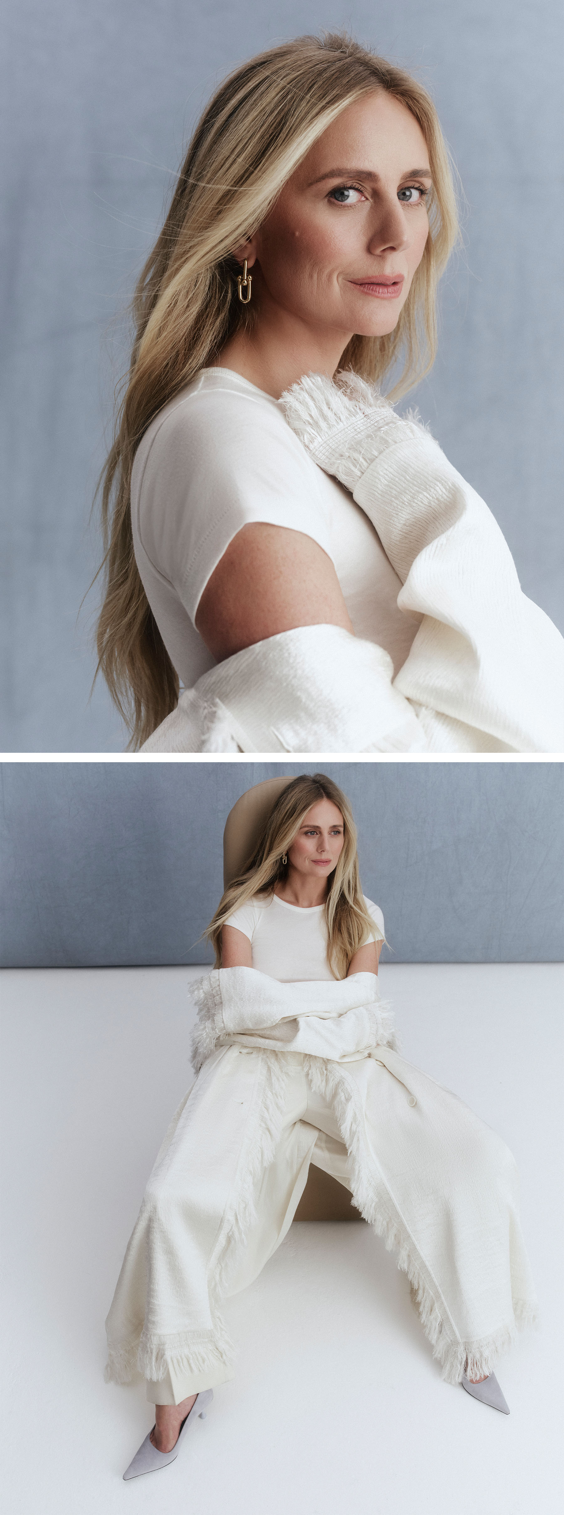 A collage of a close up and a sitting image of Justine Lupe wearing a white fringed Fforme coat, a t-shirt, trousers, Tiffany earrings, and gray pumps.