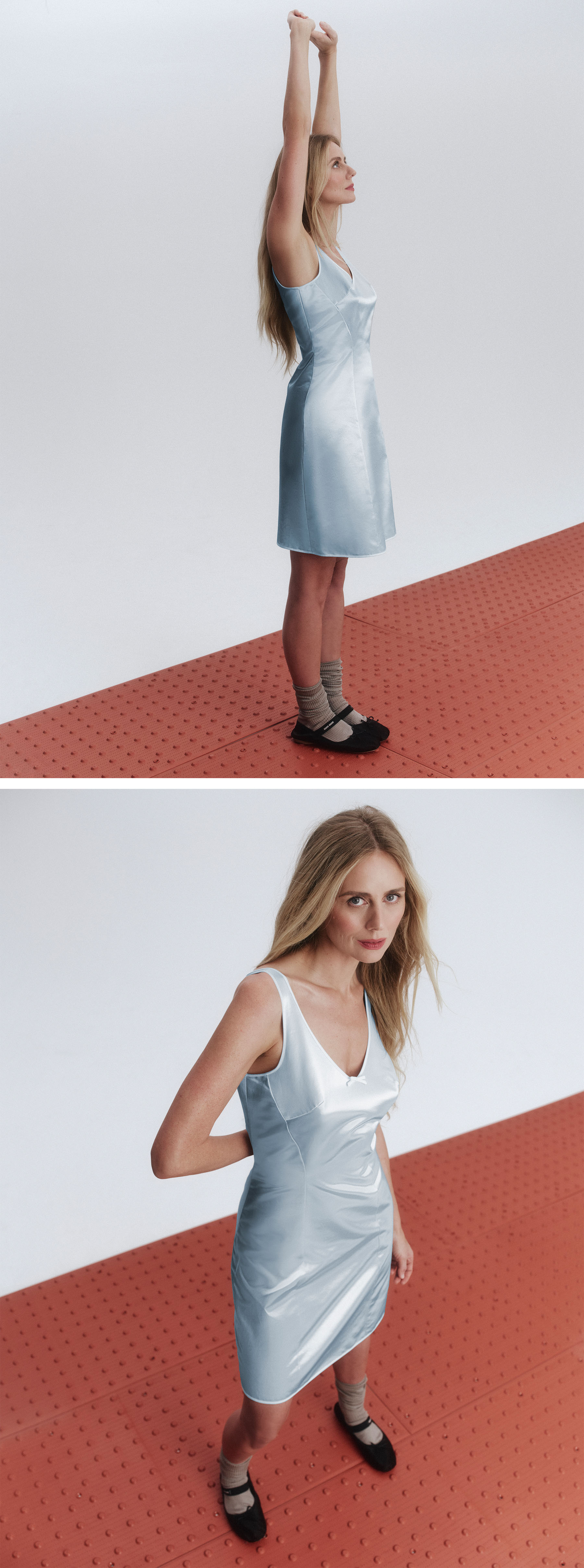 Justine Lupe standing on a rubber dotted mat wewaring a silver Miu Miu dress, socks, and black ballet flats