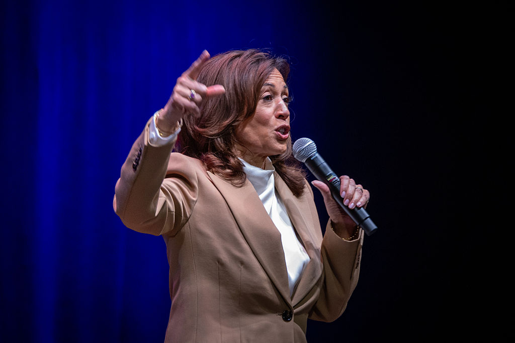 Former Vice President Kamala Harris is speaks at the Wiltern on Monday, Sept. 29, as part of her book tour promoting "107 Days," her new books about her short sprint of a presidential campaign in 2024 after President Biden decided not to seek reelection