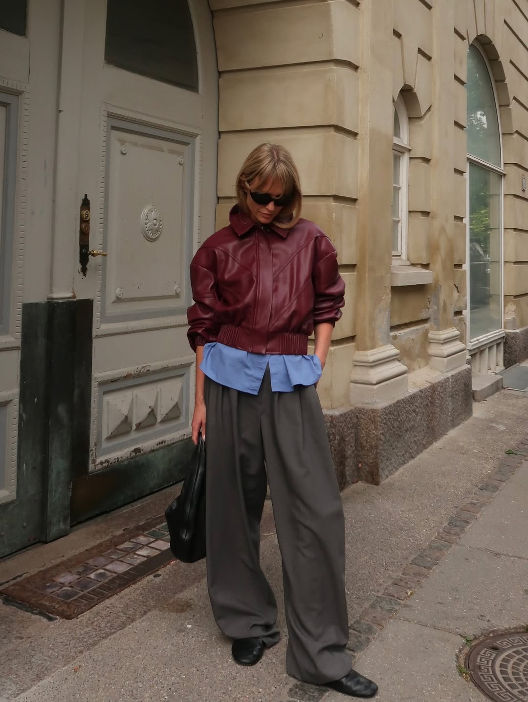 @_jeanettemadsen_ wearing leather jacket and trousers