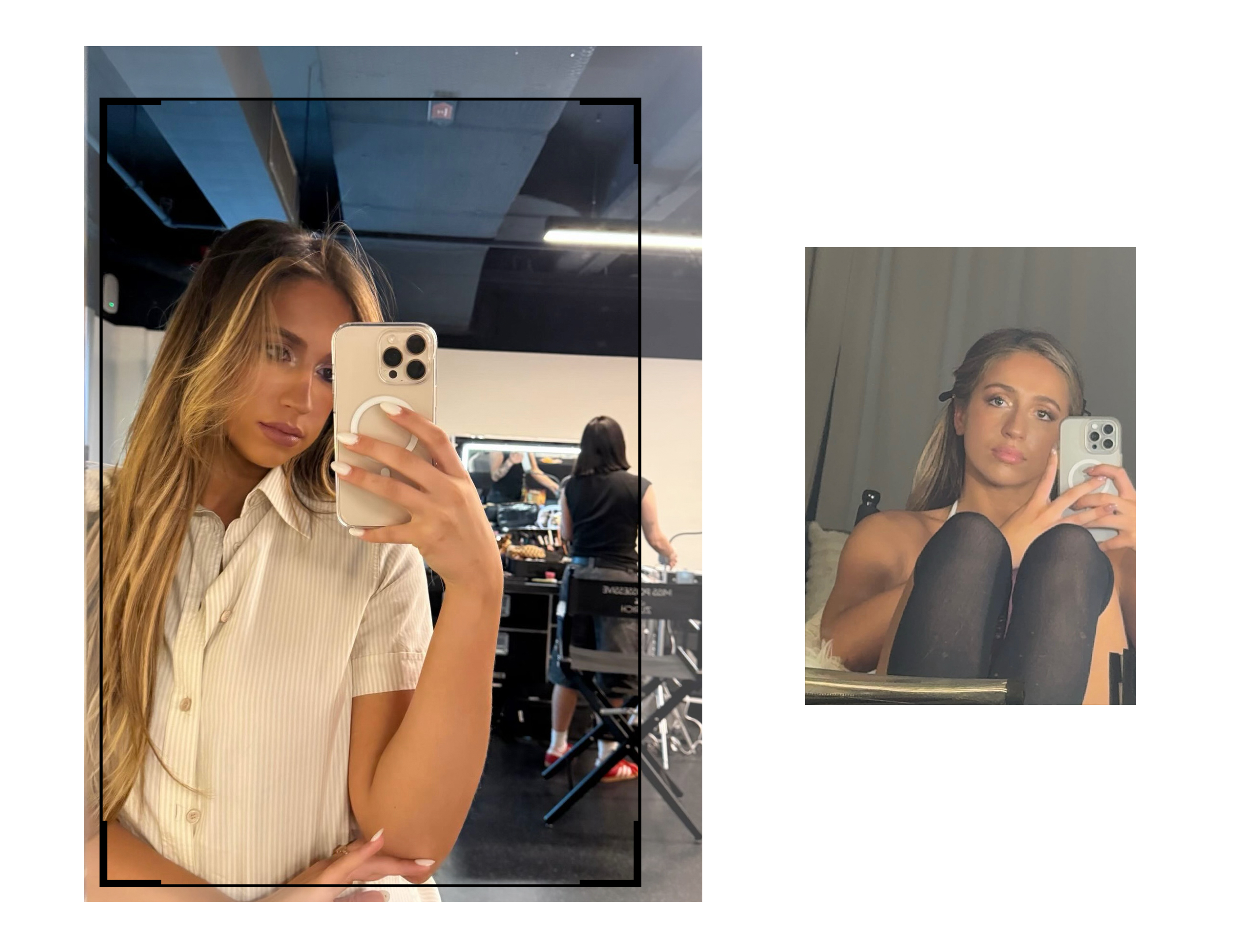 Tate McRae takes selfies in hair and makeup.