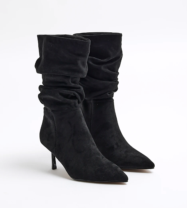 Black Faux Suede Slouch High Leg Heeled Boots