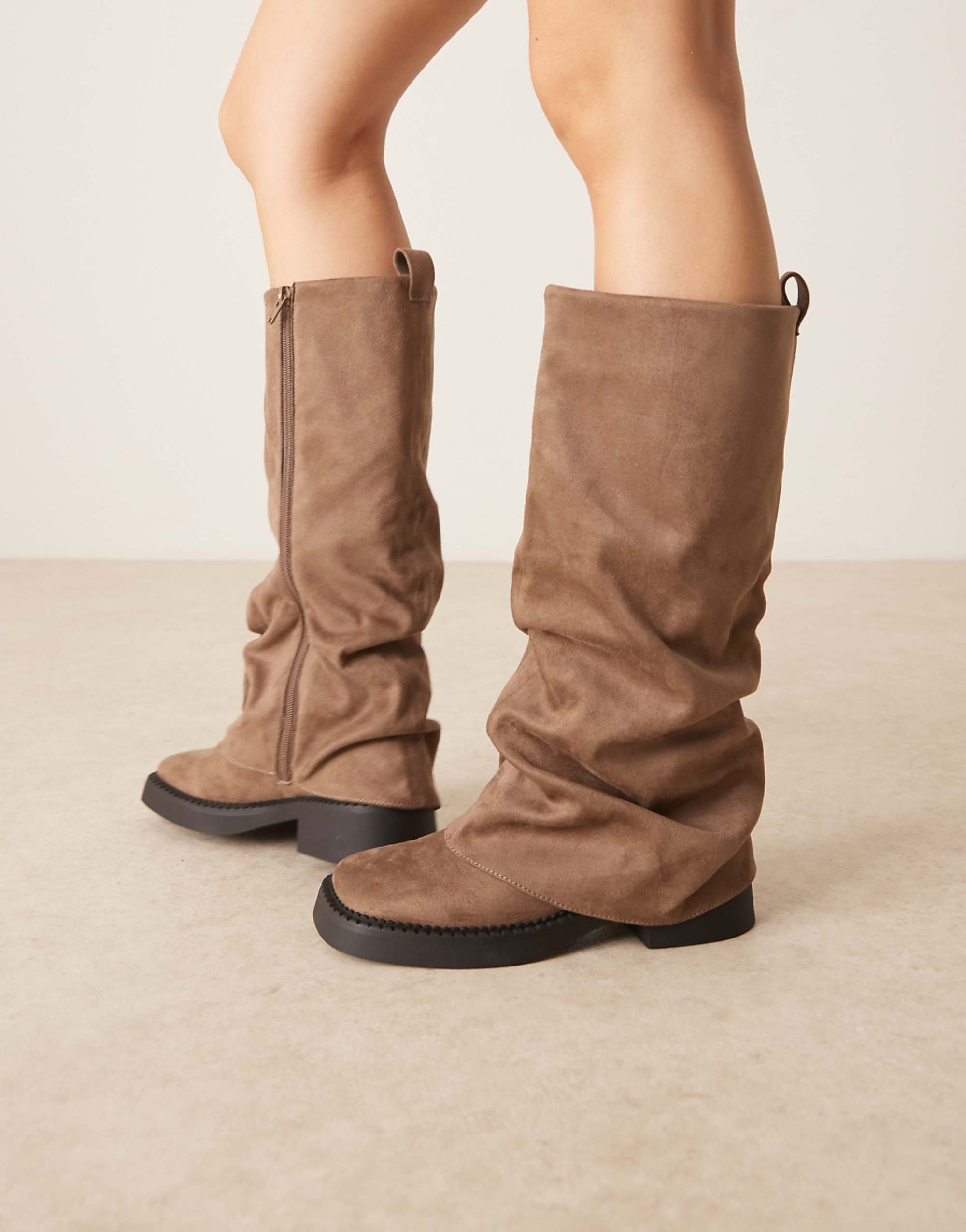 Asos Design Caden Chunky Fold Over Flat Knee Boot in Beige Suedette