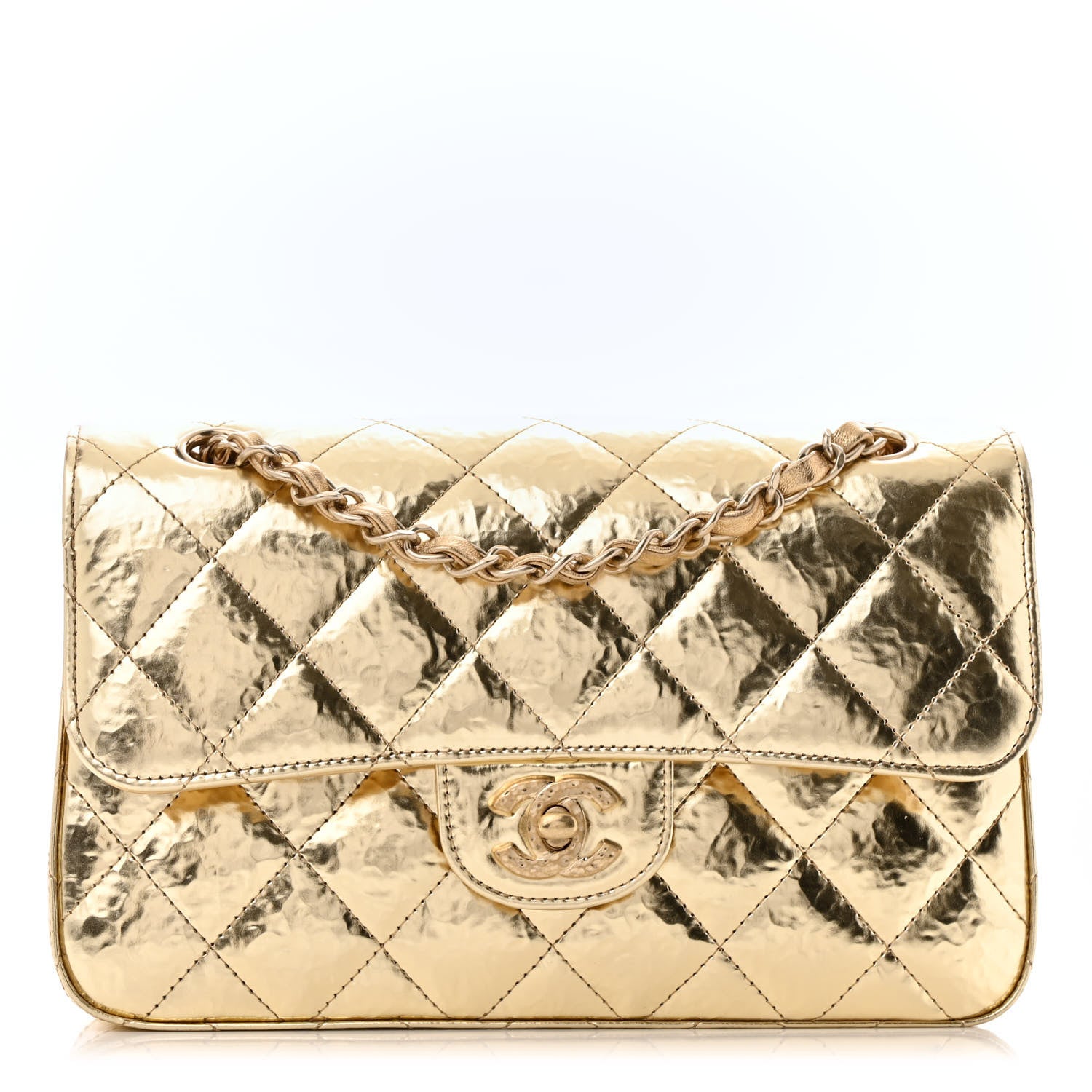 Hammered Metallic Calfskin Quilted Small Double Flap Gold