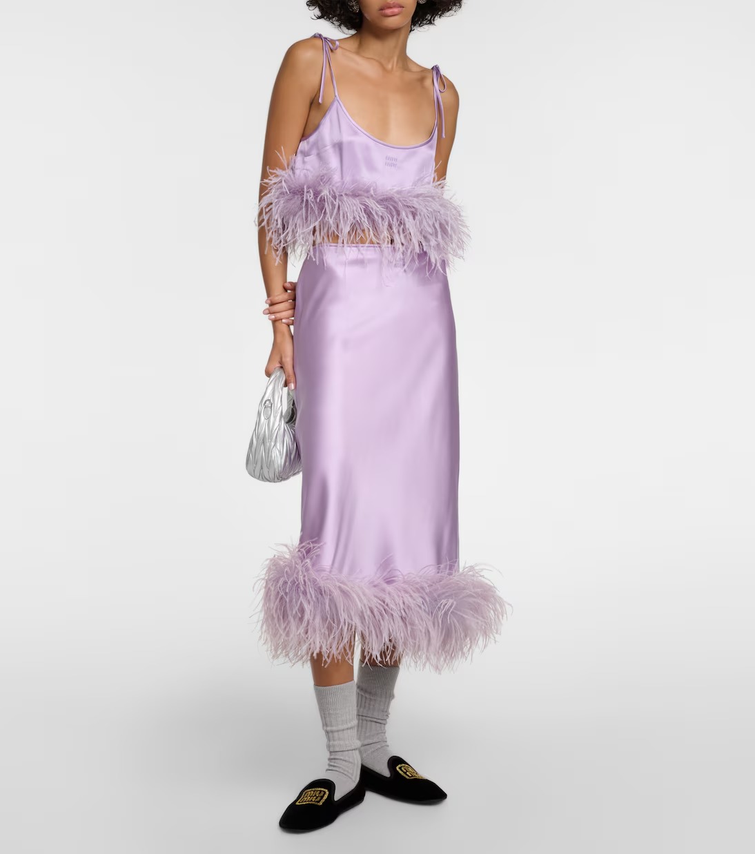 Miu Miu, Feather-Trimmed Satin Midi Skirt