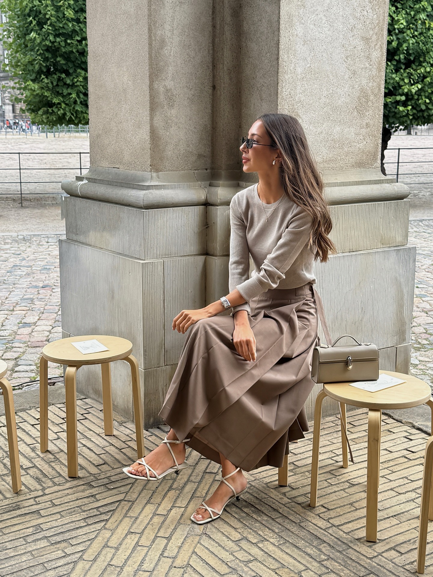 Influencer wearing oatmeal-colored clothing