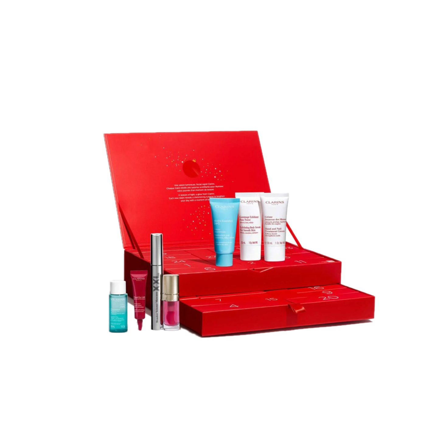 Der diesjährige Kalender von Clarins zelebriert den Zauber der festlichen Tage und überrascht mit 24 sorgfältig ausgewählten Essentials, aus denen sich fünf vollständige Beauty-Routinen für Gesicht, Körper und Make-up zusammenstellen lassen. Das alles zum Preis von circa 150 Euro.