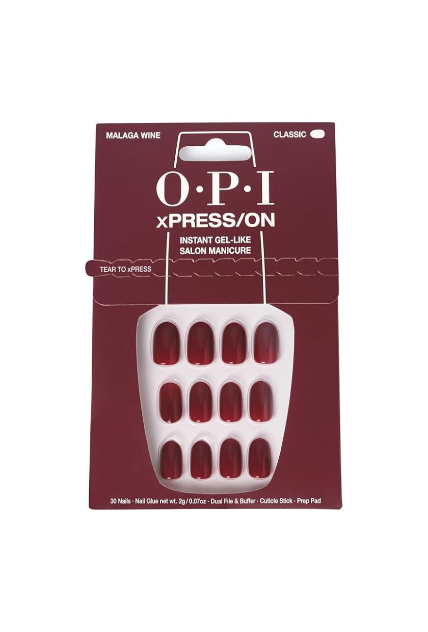 Opi Xpress/on Malaga Wine - Dark Red Short Round Press on Nails - With Nail Glue - Long Lasting, Reusable &amp;amp; Non-Damaging Short False Nails