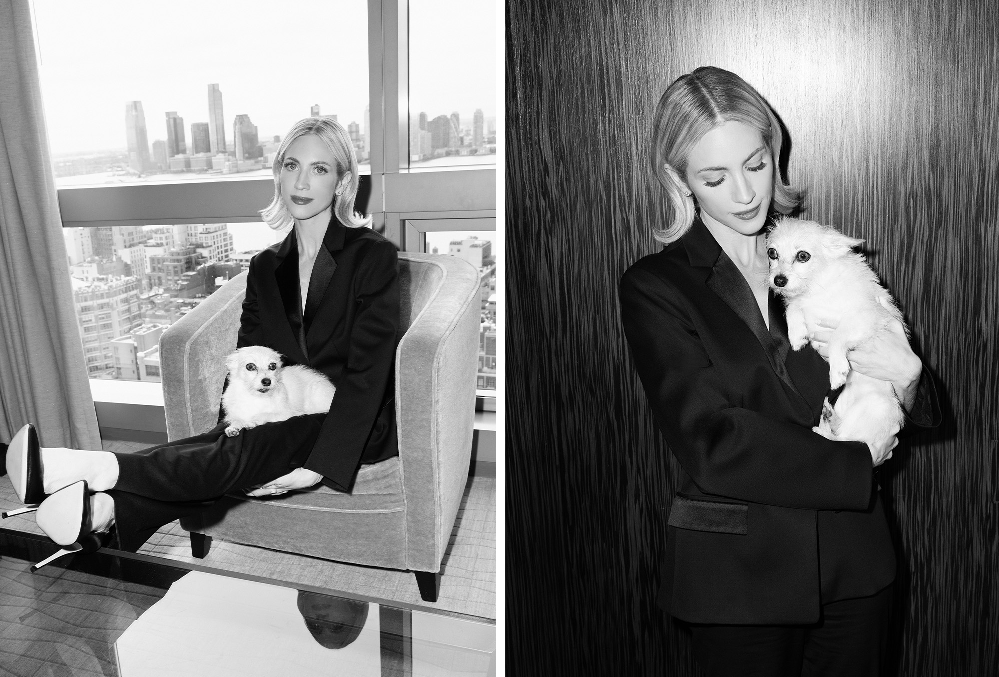 Brittany Snow poses for Who What Wear&#039;s Portrait Sessions series in an archive black Jil Sander suit with Fiametta jewelry.