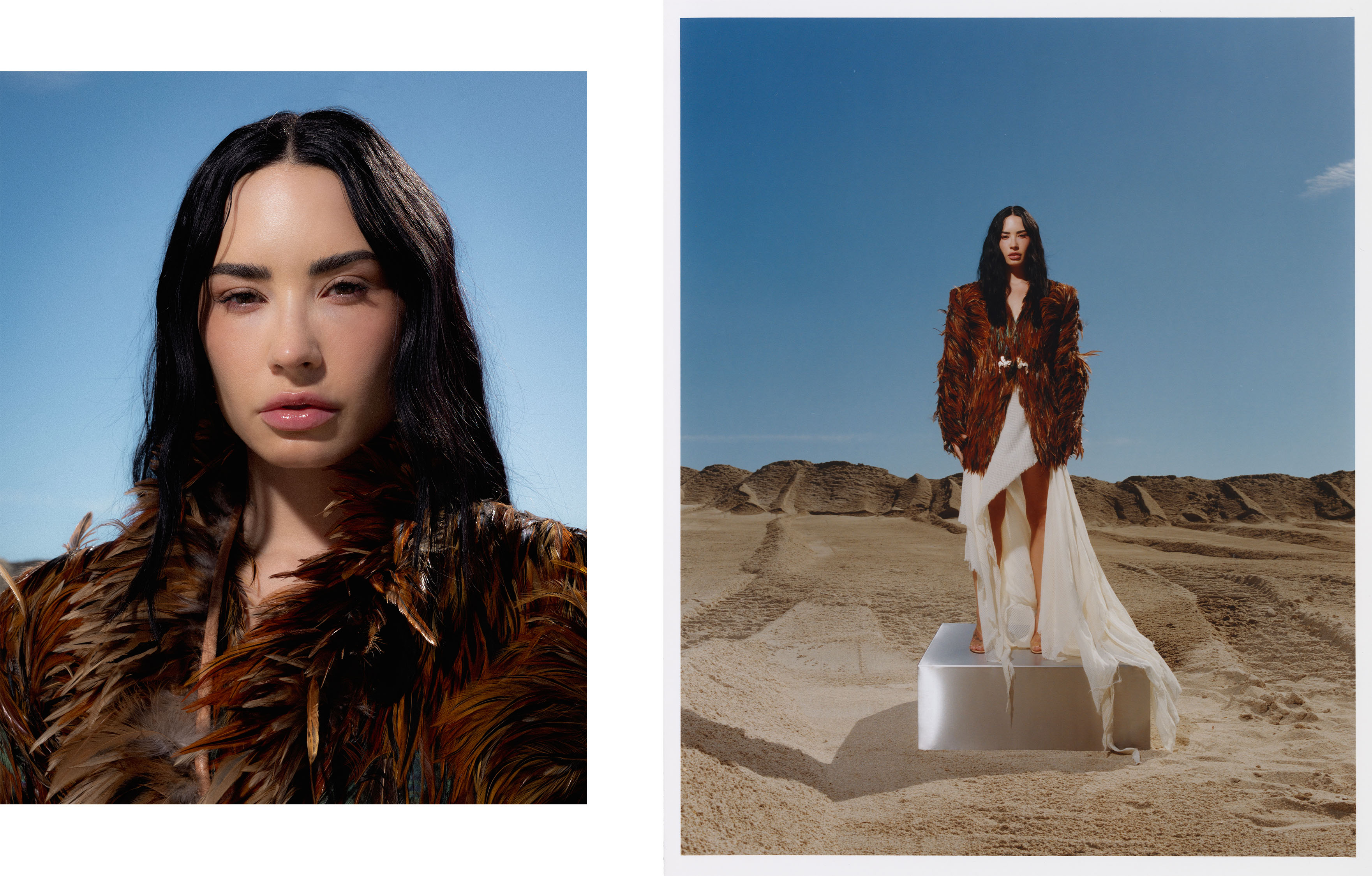 Demi Lovato for Who What Wear&#039;s November cover. On the left is a close-up portrait of Lovato wearing a brown feather coat. On the right, Lovato stands on a large silver platform. She is wearing a belted brown feather coat over a white dress.