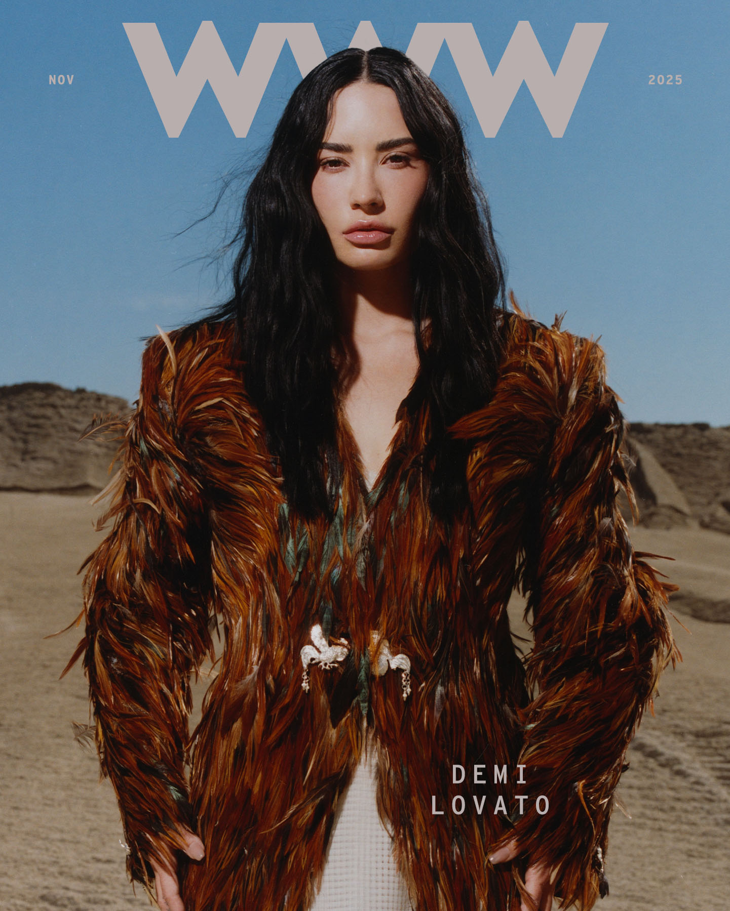 Cover image for Who What Wear&#039;s November cover story with Demi Lovato. She is wearing a brown feather jacket.