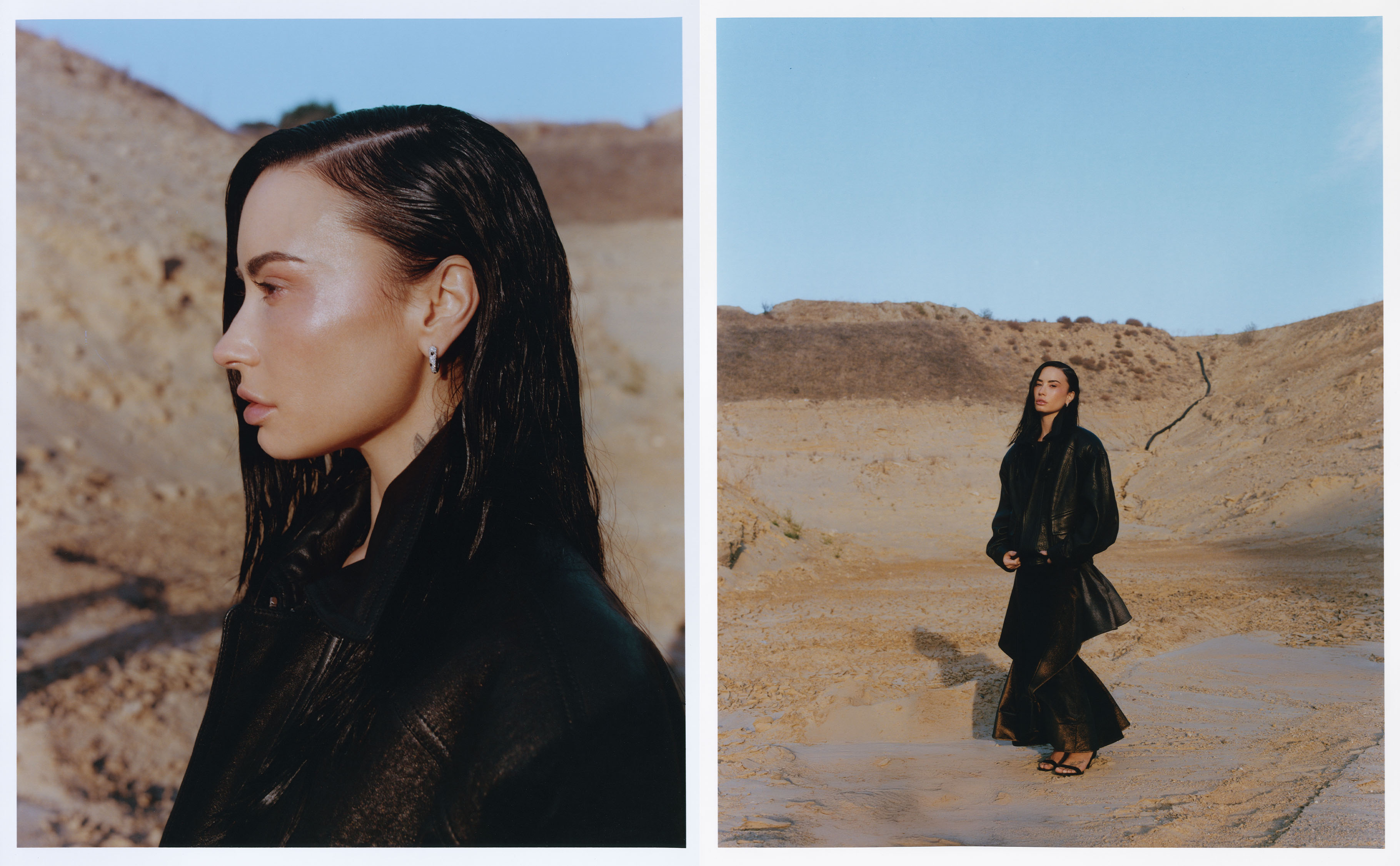 Demi Lovato for Who What Wear&#039;s November cover. On the left is a side profile of Lovato with sand dunes in the background. She is wearing a black leather jacket. On the right, Lovato stands with sand dunes in the background wearing a black leather jacket and tiered black skirt.