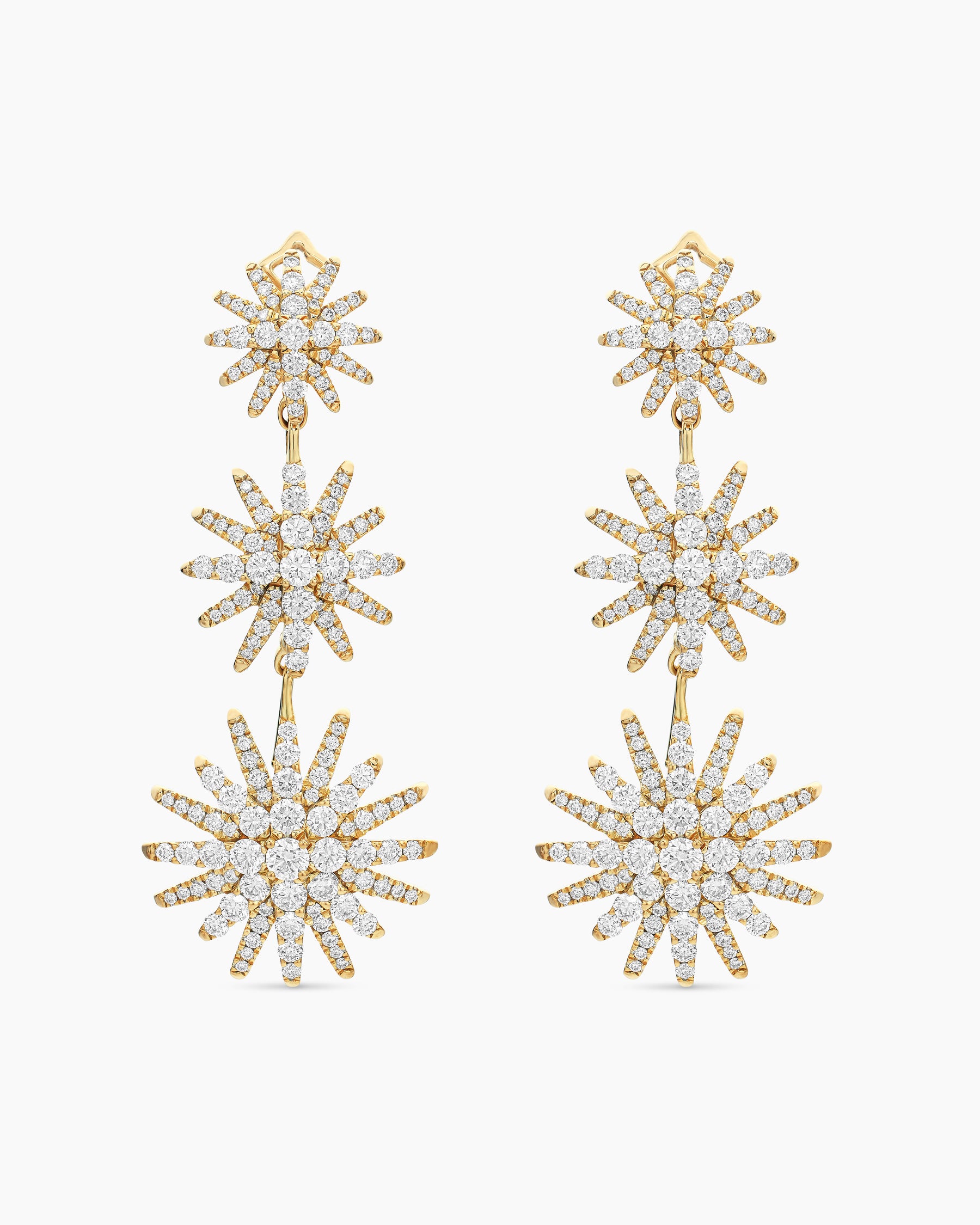 Starburst Triple Drop Earrings in 18k Yellow Gold With Diamonds, 51mm
