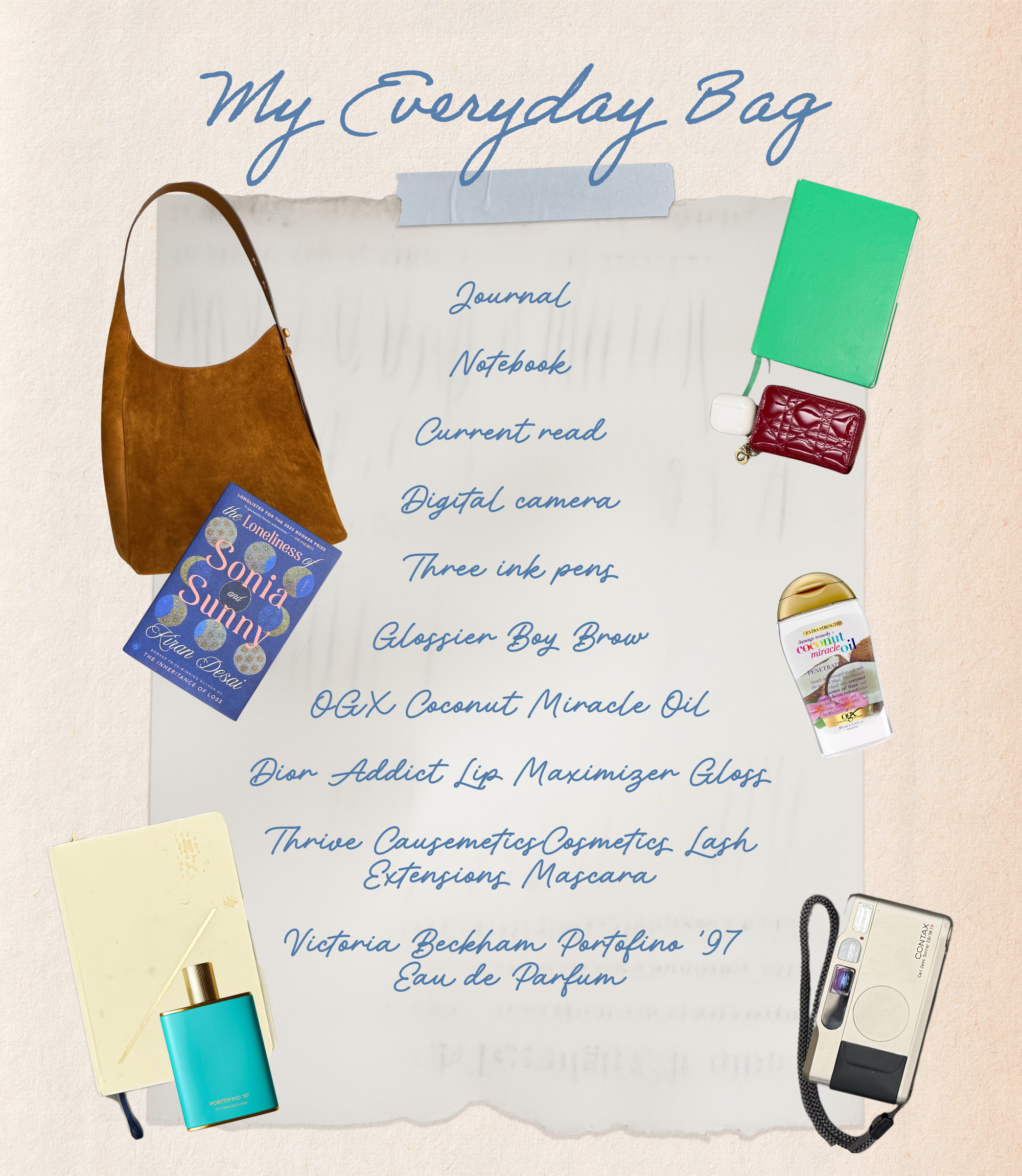 The contents of Isabella Boylston&#039;s everyday bag featuring fragrances, hair oil, and more