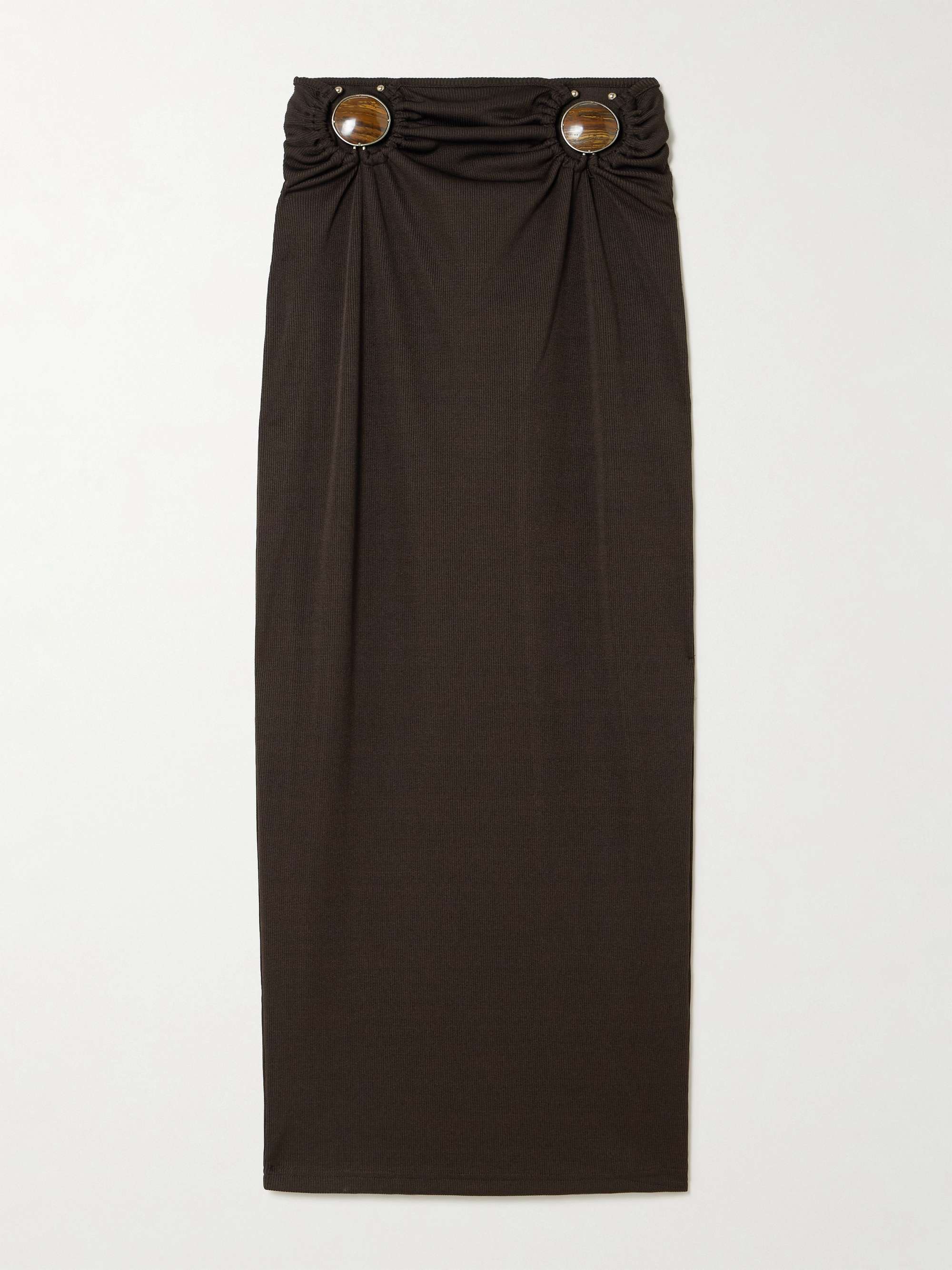 Mineral Stone Embellished Ruched Ribbed Jersey Midi Skirt