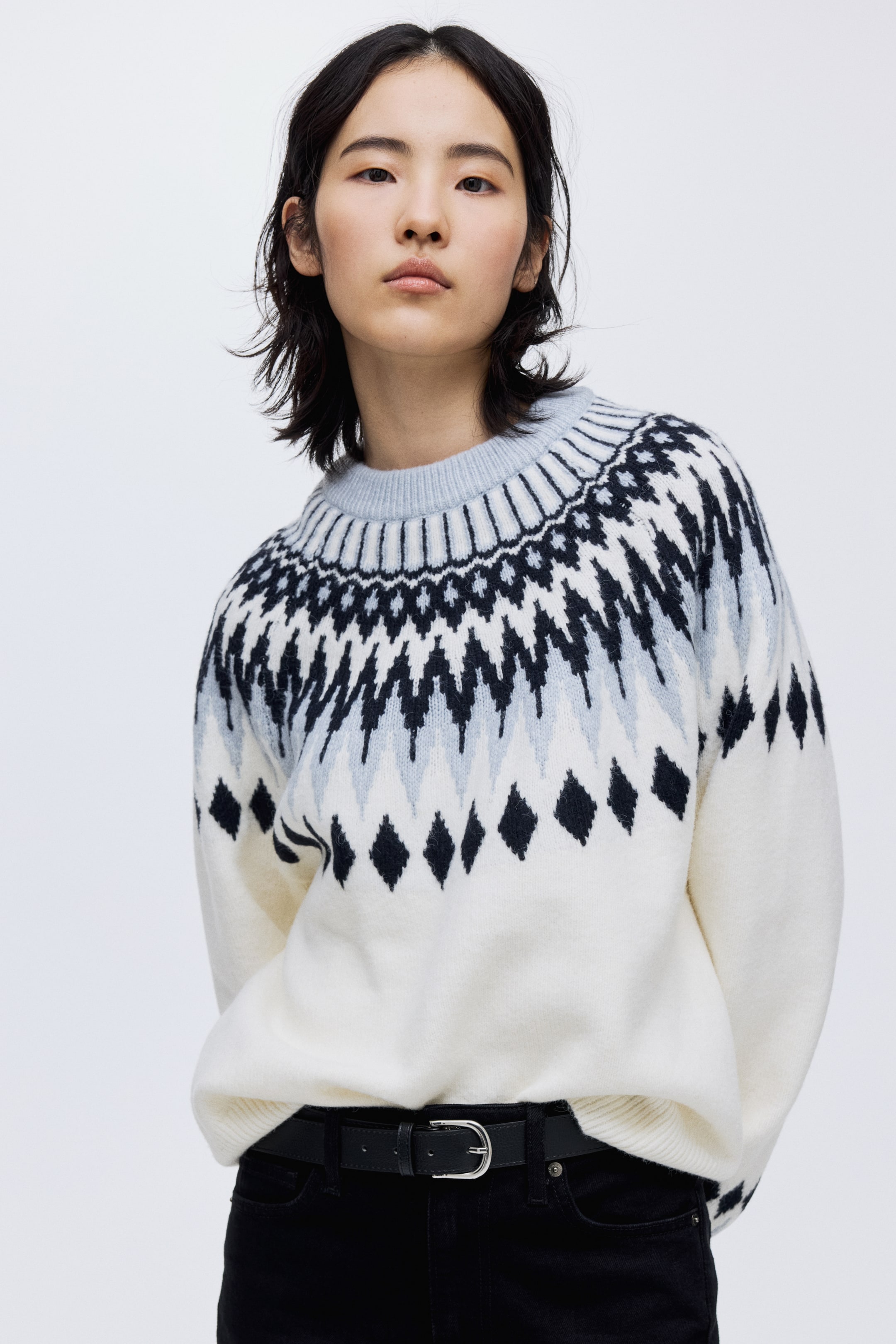 Jacquard-Knit Sweater - Navy Blue/patterned