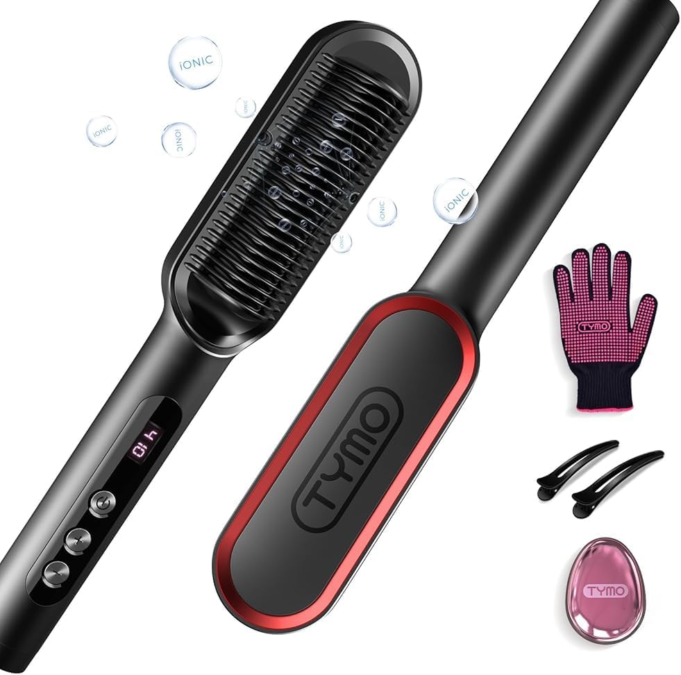 Tymo Ring Plus Ionic Hair Straightener Brush - Straightening Comb With Negative Ions for Women, Titanium Coating, 9 Temp Settings &amp;amp; Led Display, Dual Voltage, Professional Styling Tools