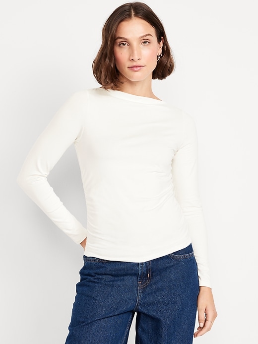 Long-Sleeve Slit-Neck Ruched Top