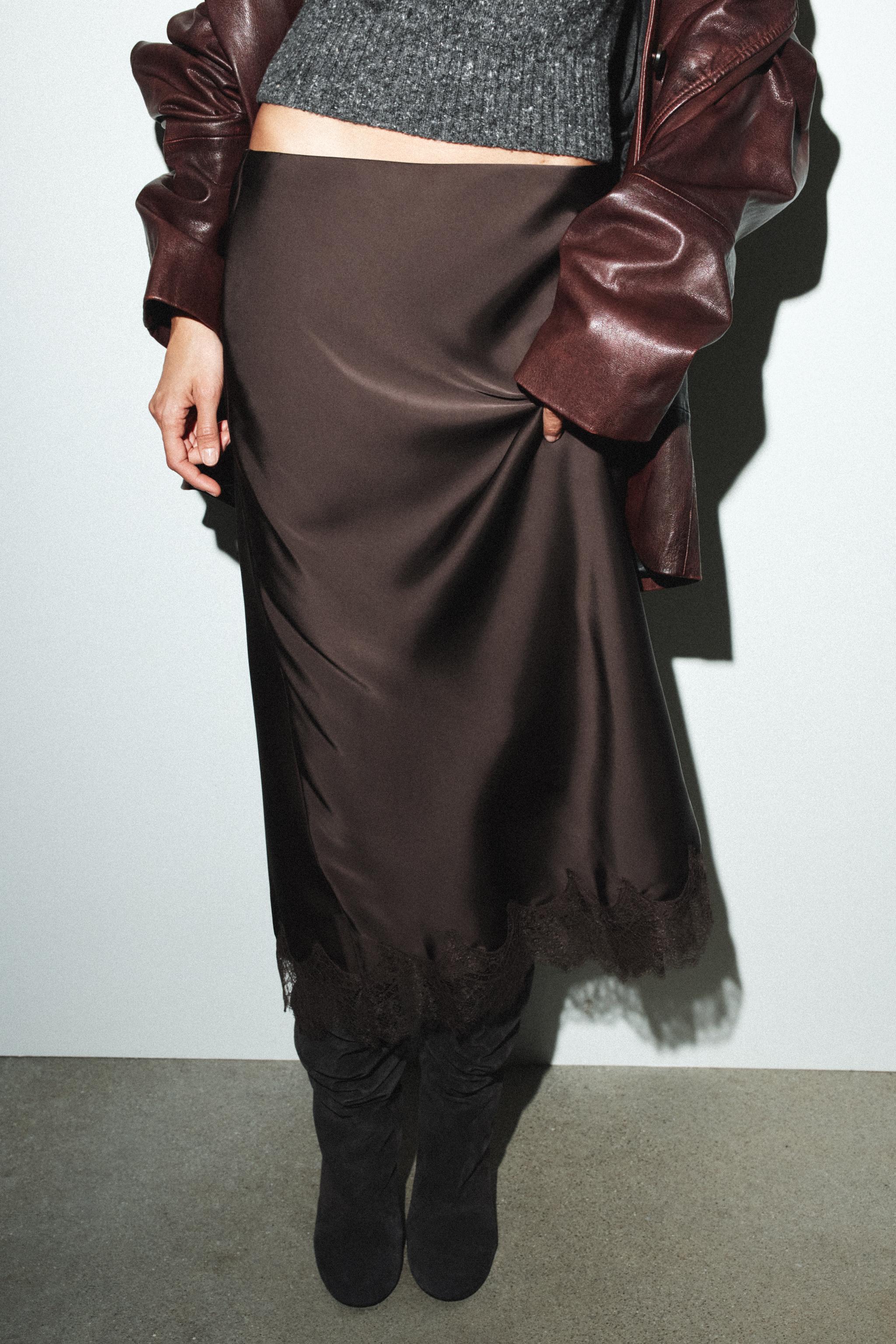 Satin Effect Lace Midi Skirt