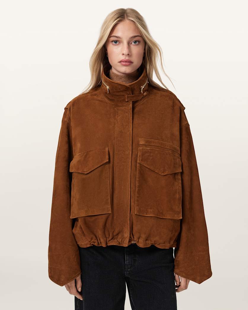 Clay Funnel Neck Suede Cropped Jacket