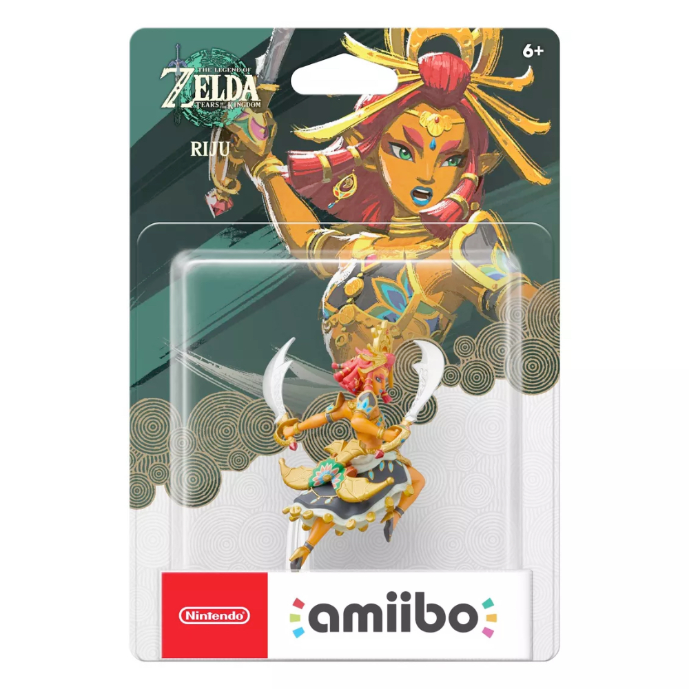 A Riju Amiibo in a box on a plain white background.