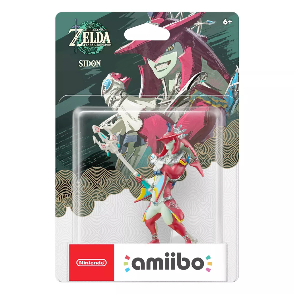 A Sidon Amiibo in its box on a plain white background.