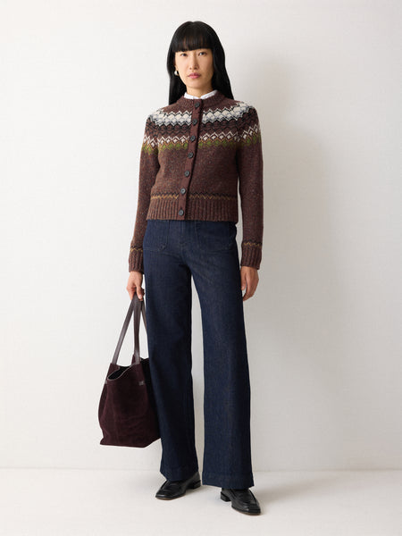 Fairisle Silk Trim Cardigan | Brown