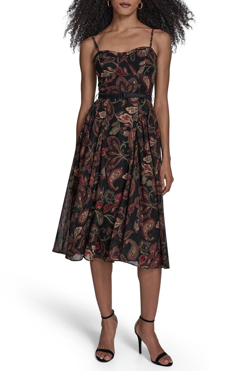 Print Belted Sleeveless Midi Dress