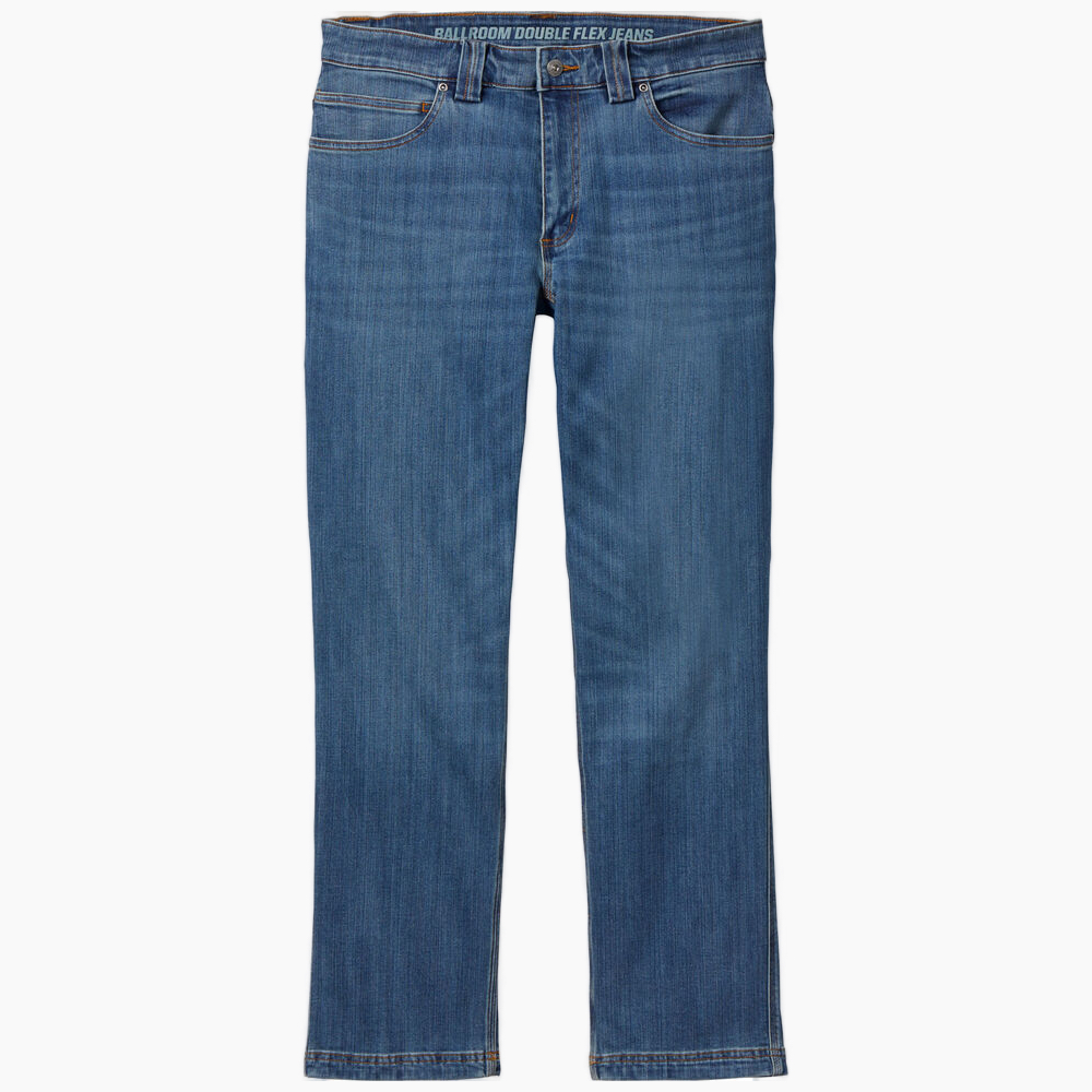Duluth Trading Company Men's Ballroom Double Flex Standard Fit Carpenter Jeans on a white background.