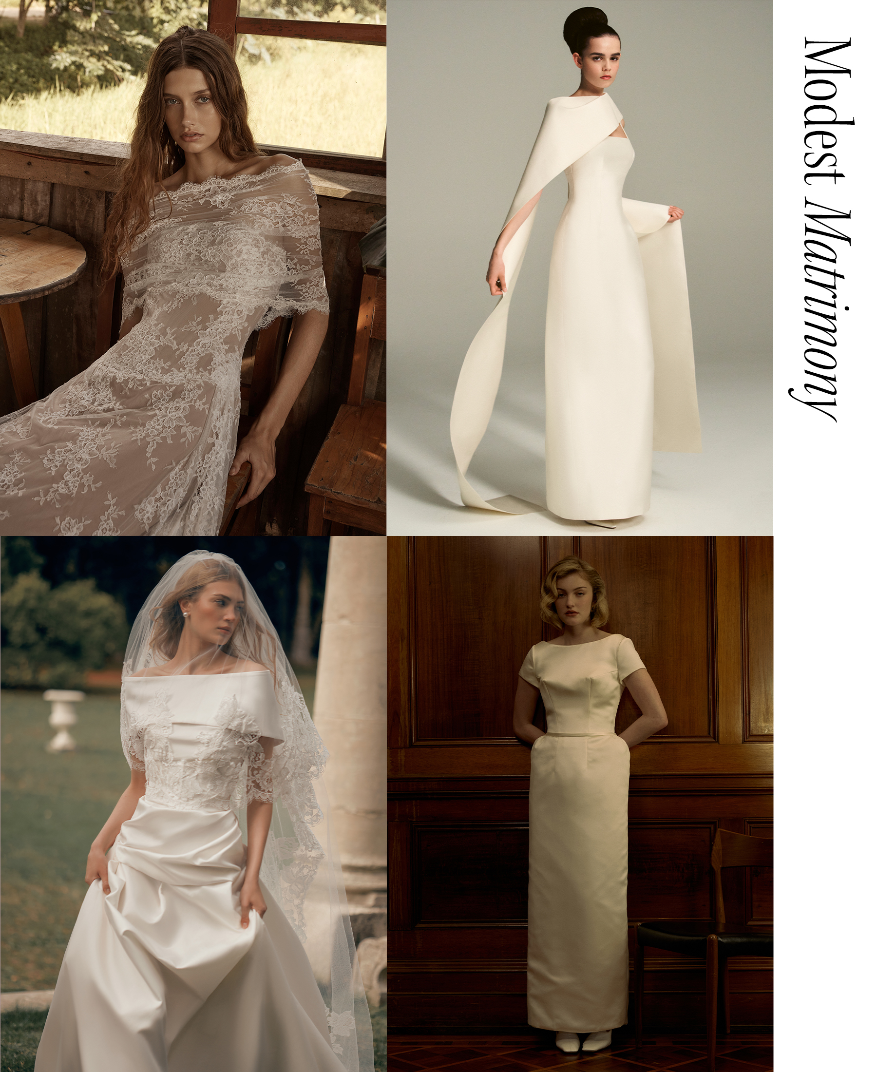 A collage of women wearing modet bridal gowns.
