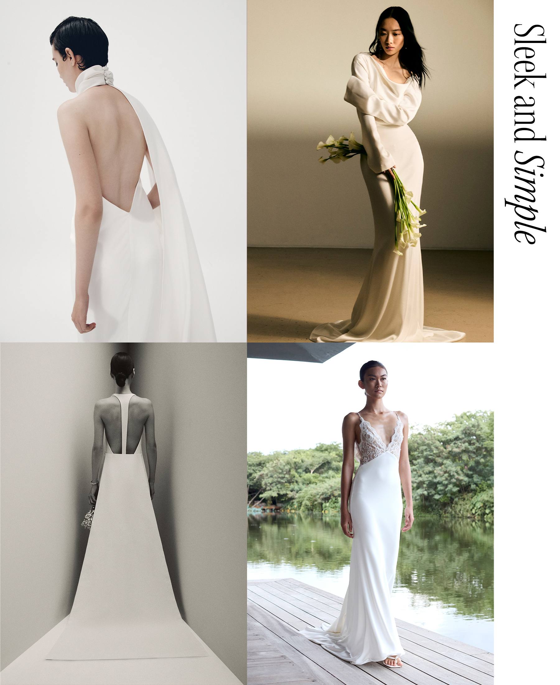 A collage of sleek but simple wedding gowns.
