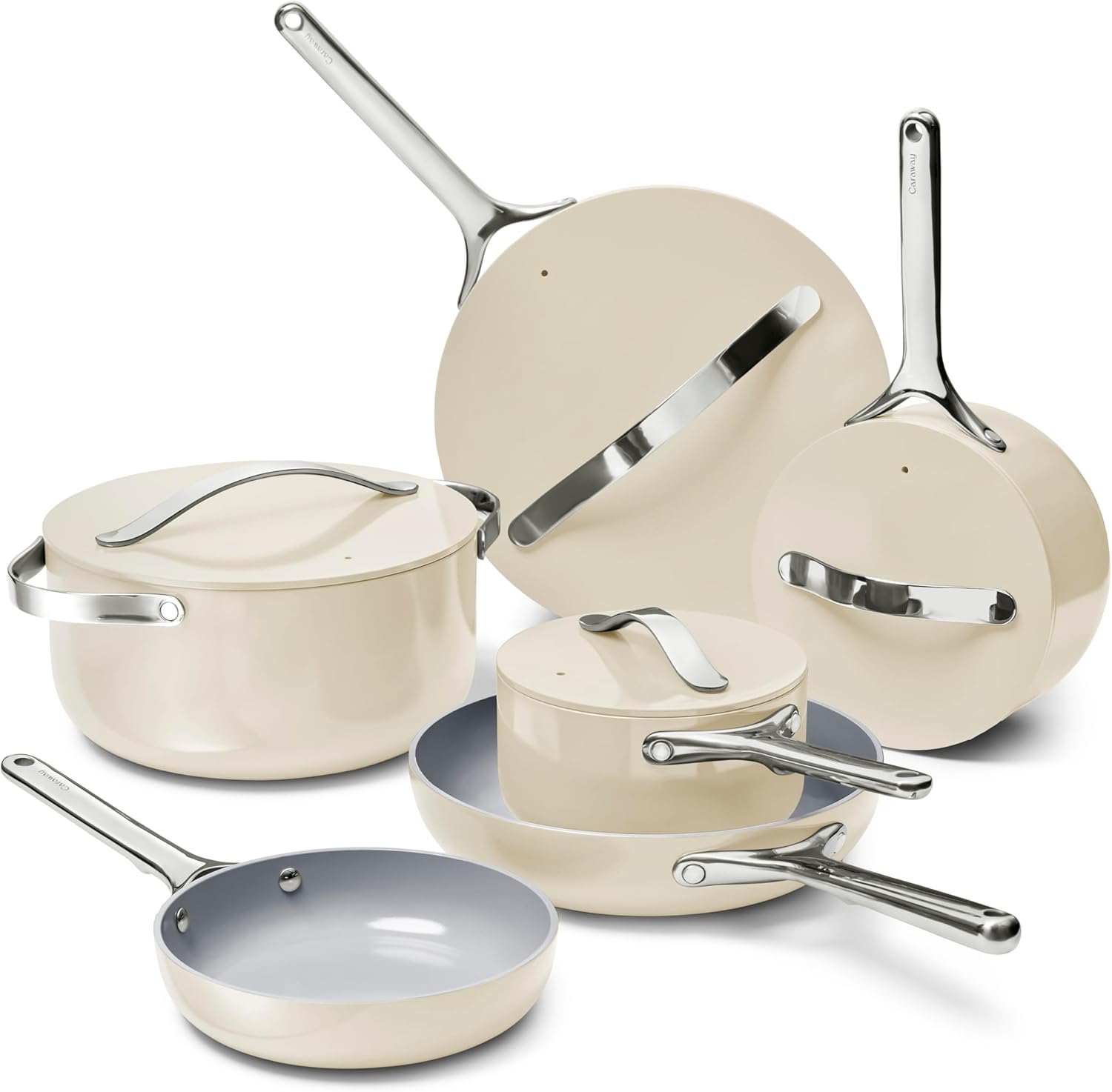 Caraway Deluxe Non-Stick Ceramic Cookware Set (16 Piece) Pots, Frying Pans, Lids and Kitchen Storage - Pfas &amp;amp; Pfoa Free - Oven Safe Pan Set &amp;amp; Compatible With All Stovetops - Cream