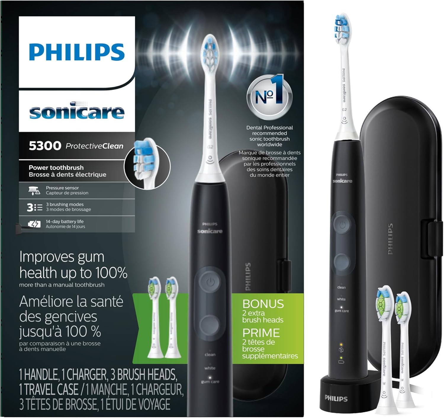 Philips Sonicare Protectiveclean 5300 Rechargeable Electric Toothbrush, With Pressure Sensor, 3 Cleaning Modes, Smartimer and Quadpacer, With 2 Bonus Brush Heads, Travel Case, Black, Model Hx6423/34