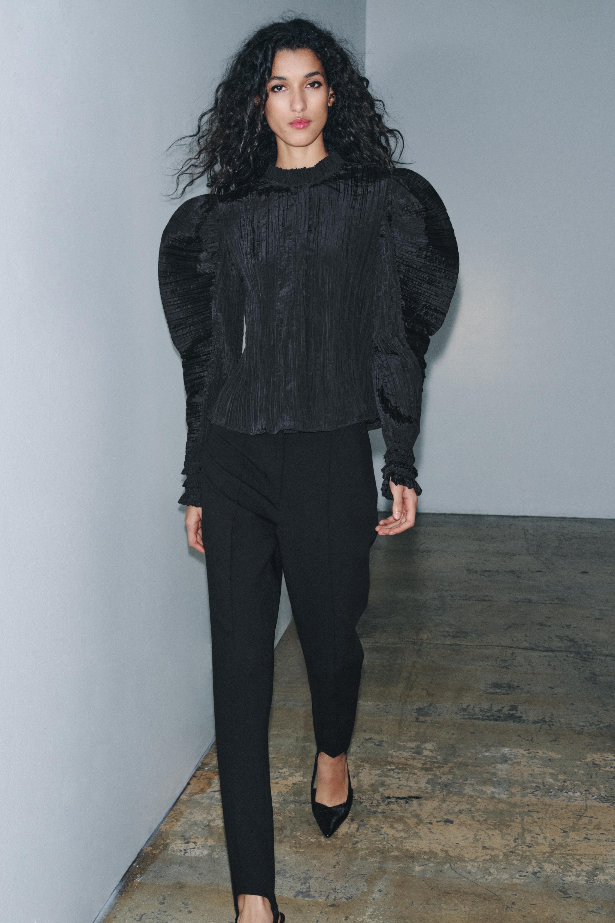 Zw Collection Wrinkled Puff Sleeve Blouse