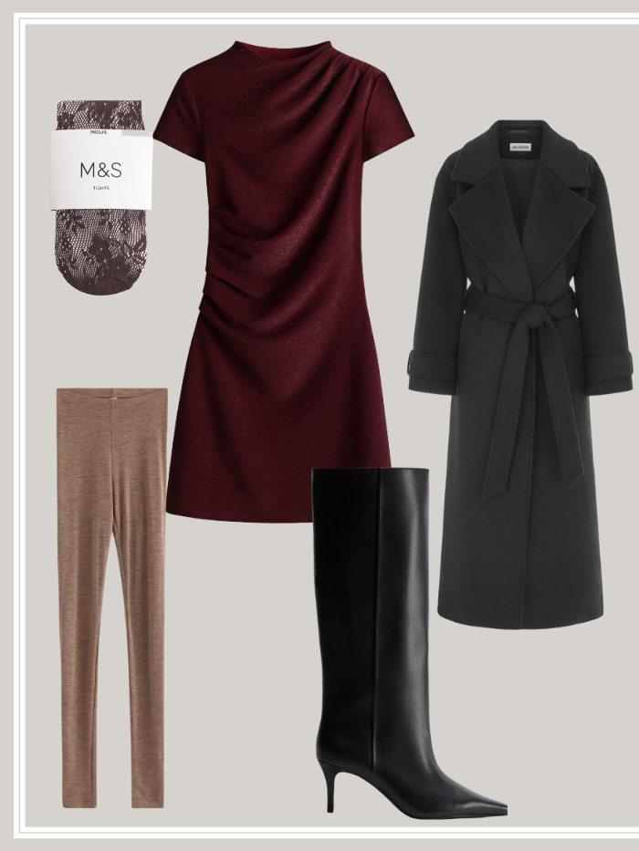 A fleece-lined leggings outfit. It consists of a red mini dress, black boots, a black coat, dark red lace tights and black knee high boots.