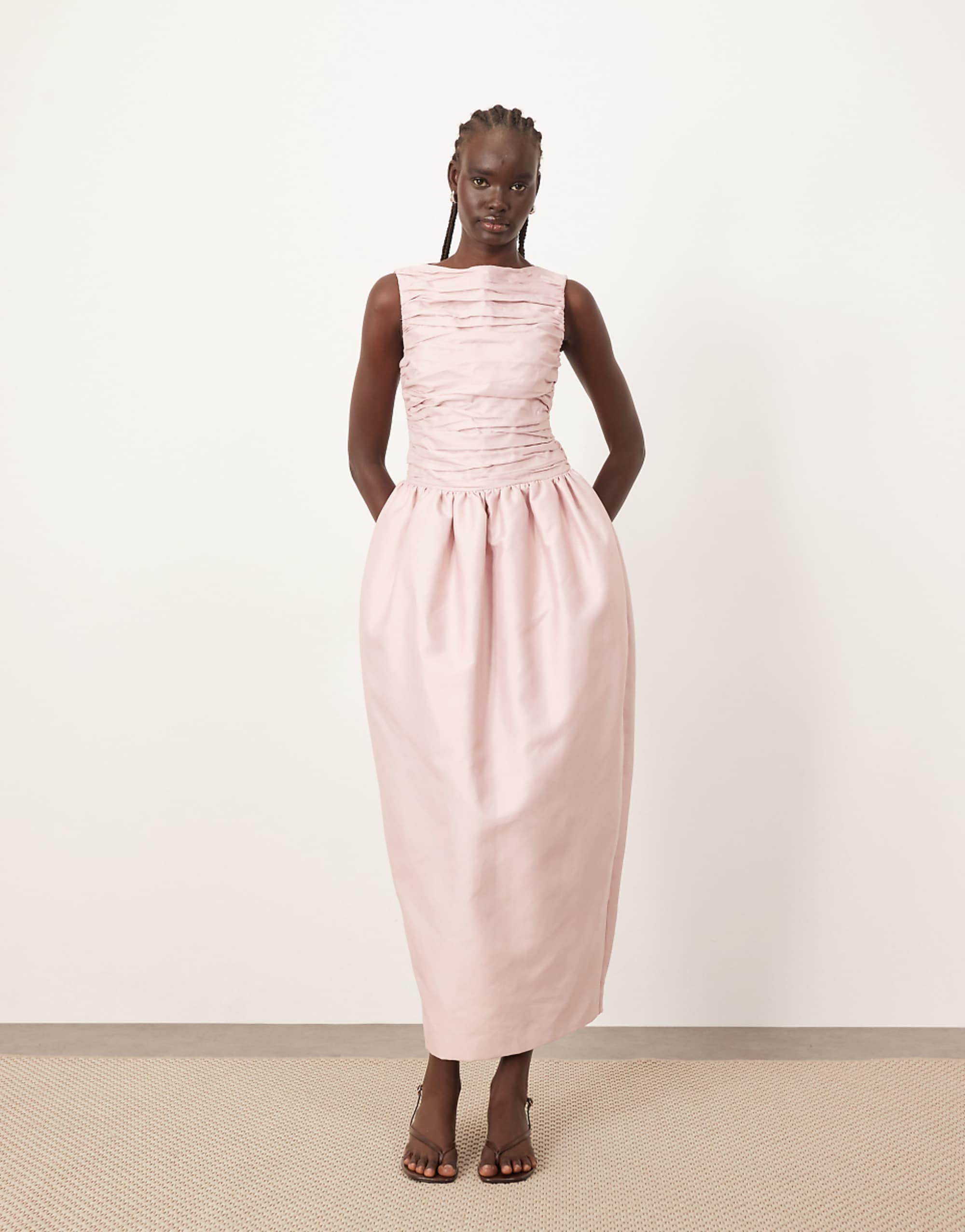 Arrange Structured Satin Cinched Waist Maxi Dress in Pink