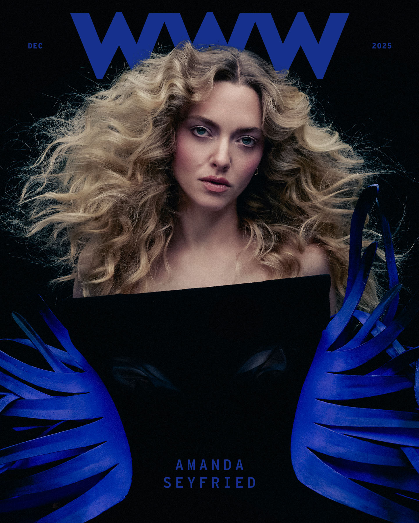 Amanda Seyfried wears a black and blue dress on Who What Wear&#039;s December 2025 cover