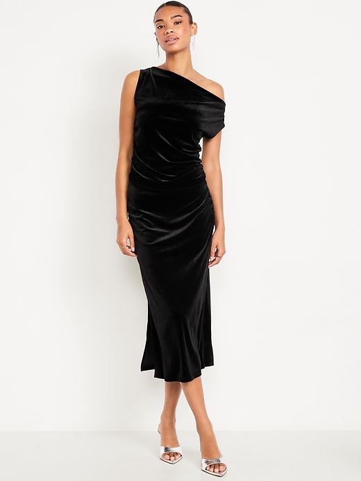 High-Waisted Ruched Velvet Midi Skirt