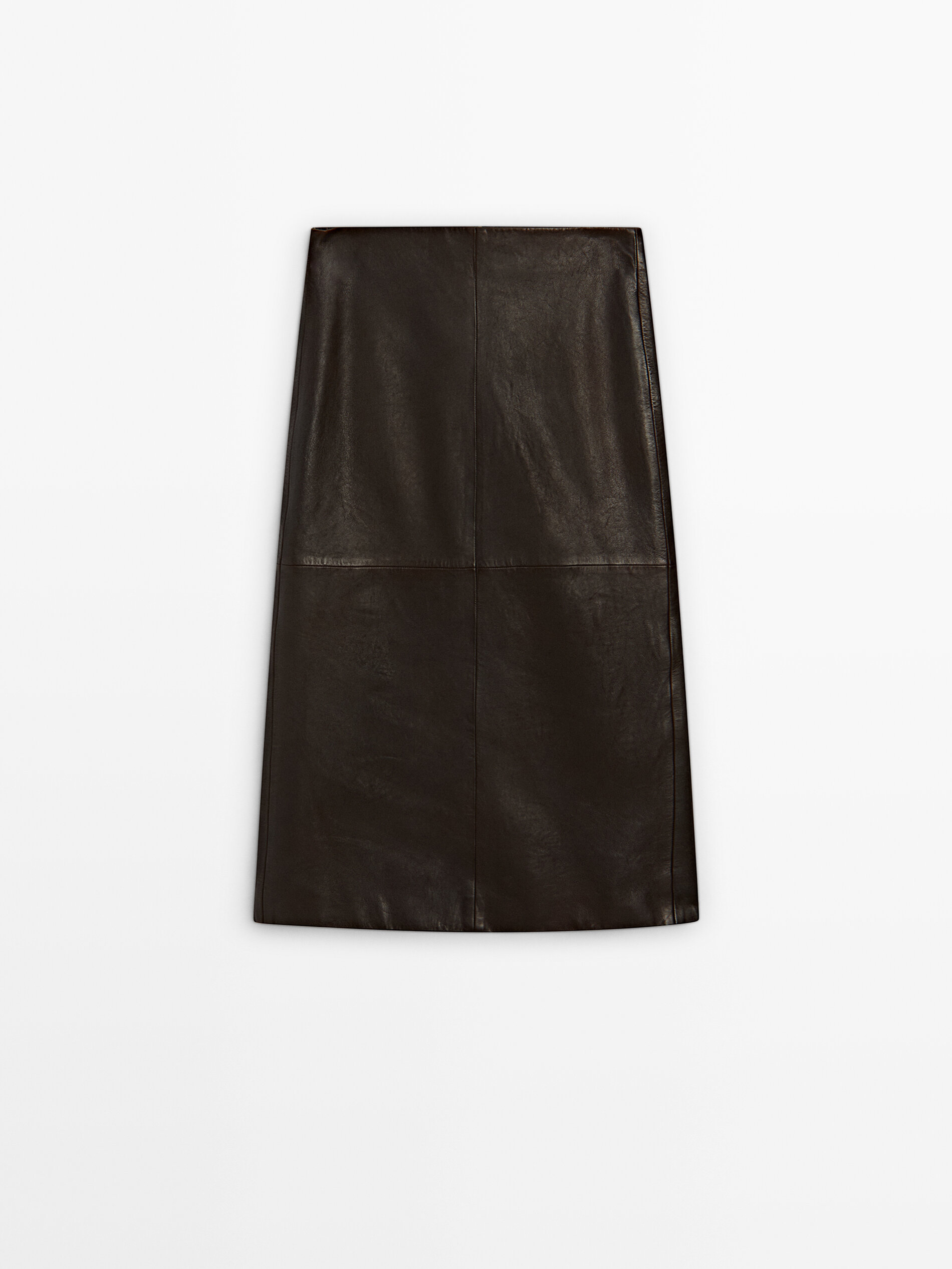 Straight Nappa Leather Midi Skirt With Slit