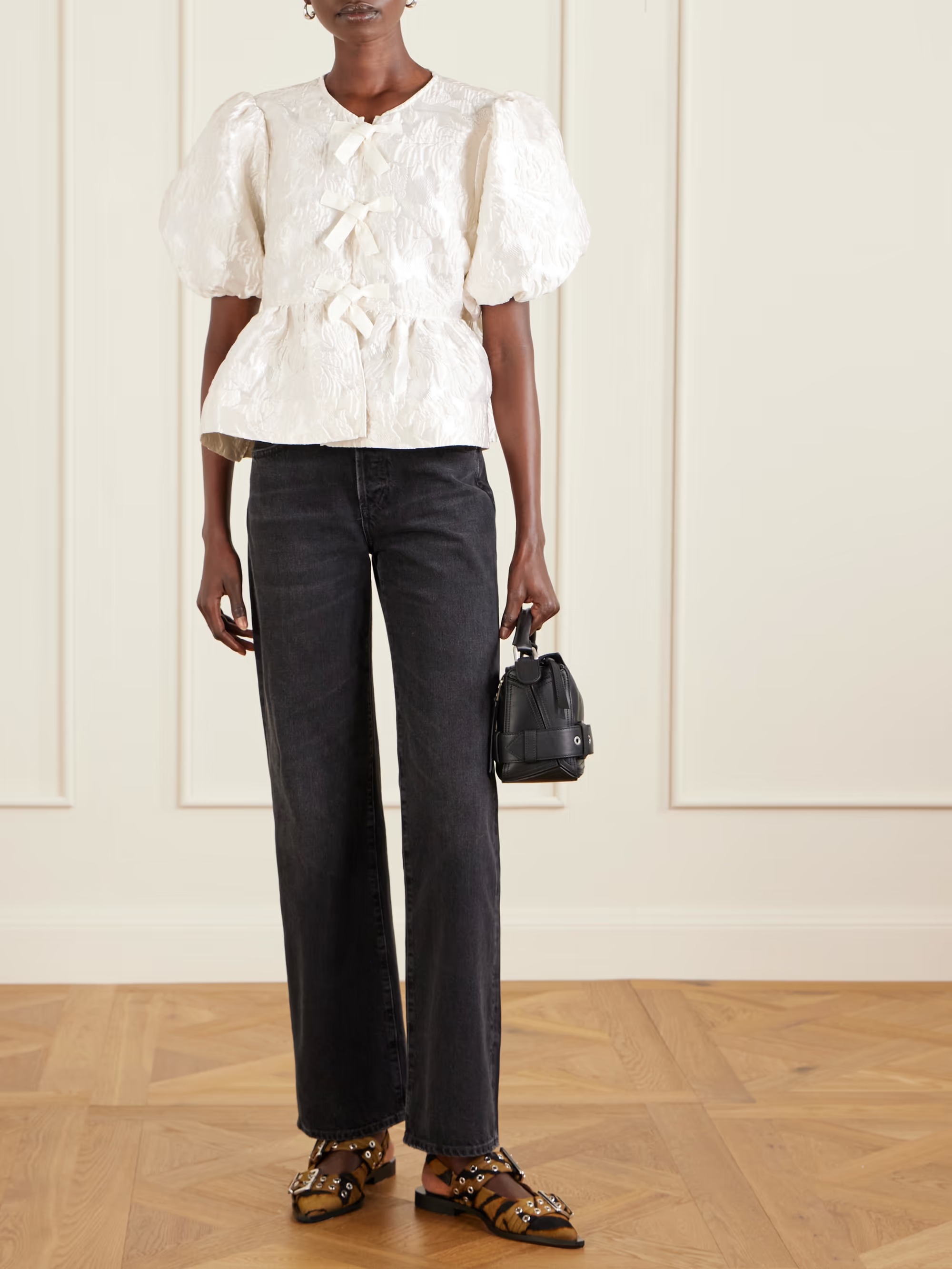 GANNI, Bow-Detailed Cloqu&amp;eacute; Peplum Blouse