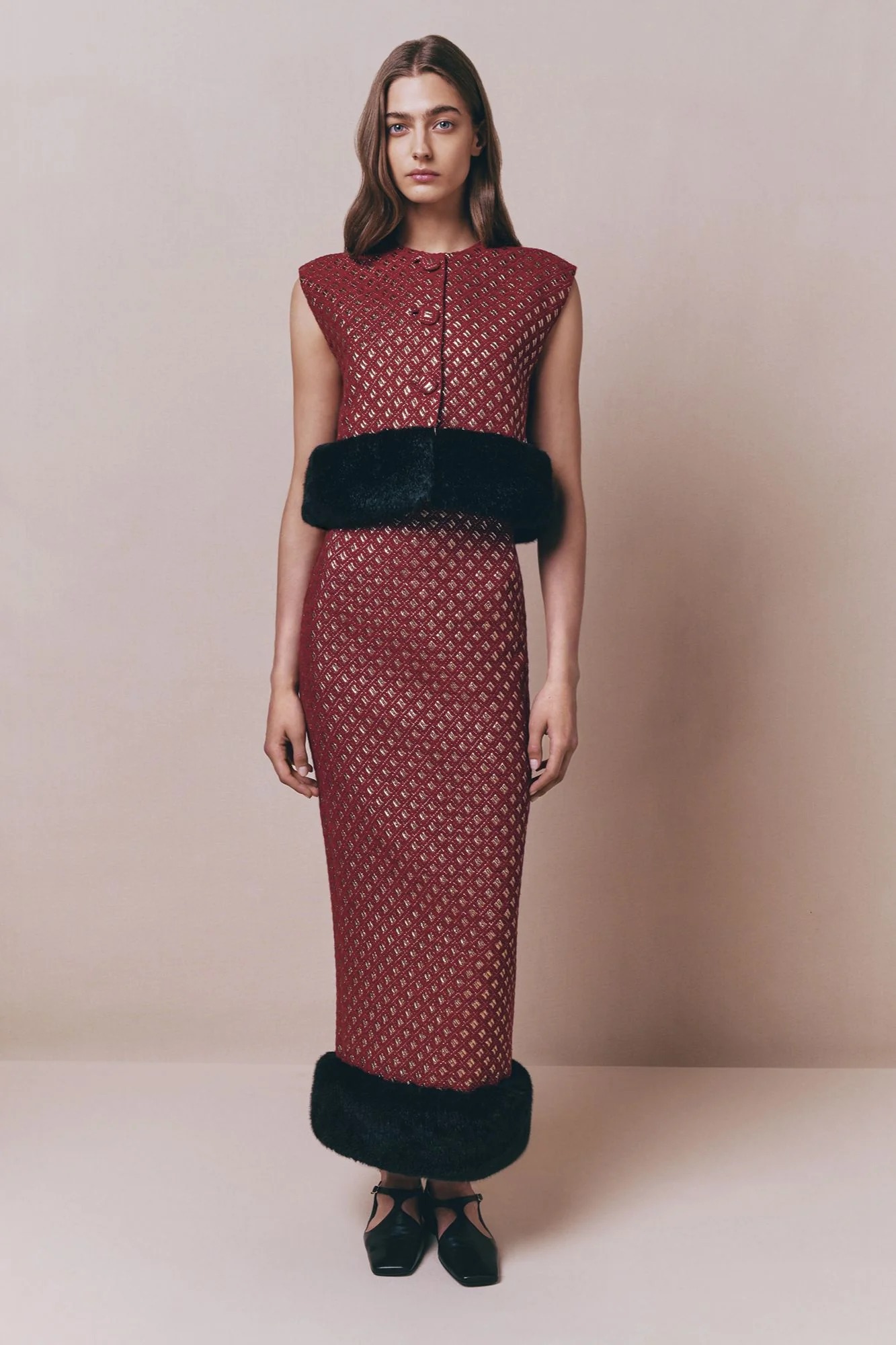 Destree, Burgundy &amp;amp; Gold Buttonned Wool Sleeveless Vest