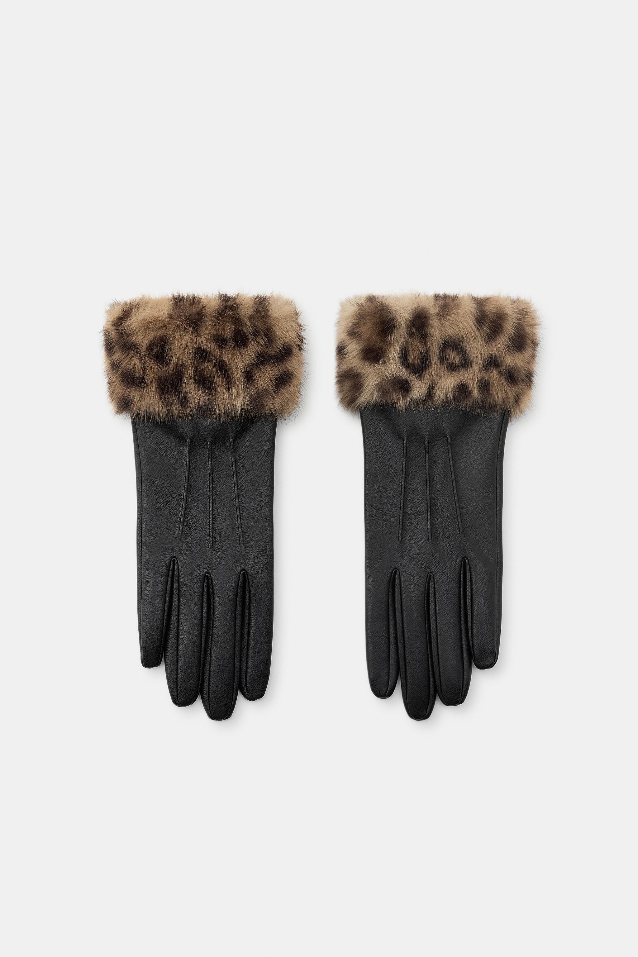 ZARA Faux Leather Animal Print Fur Gloves