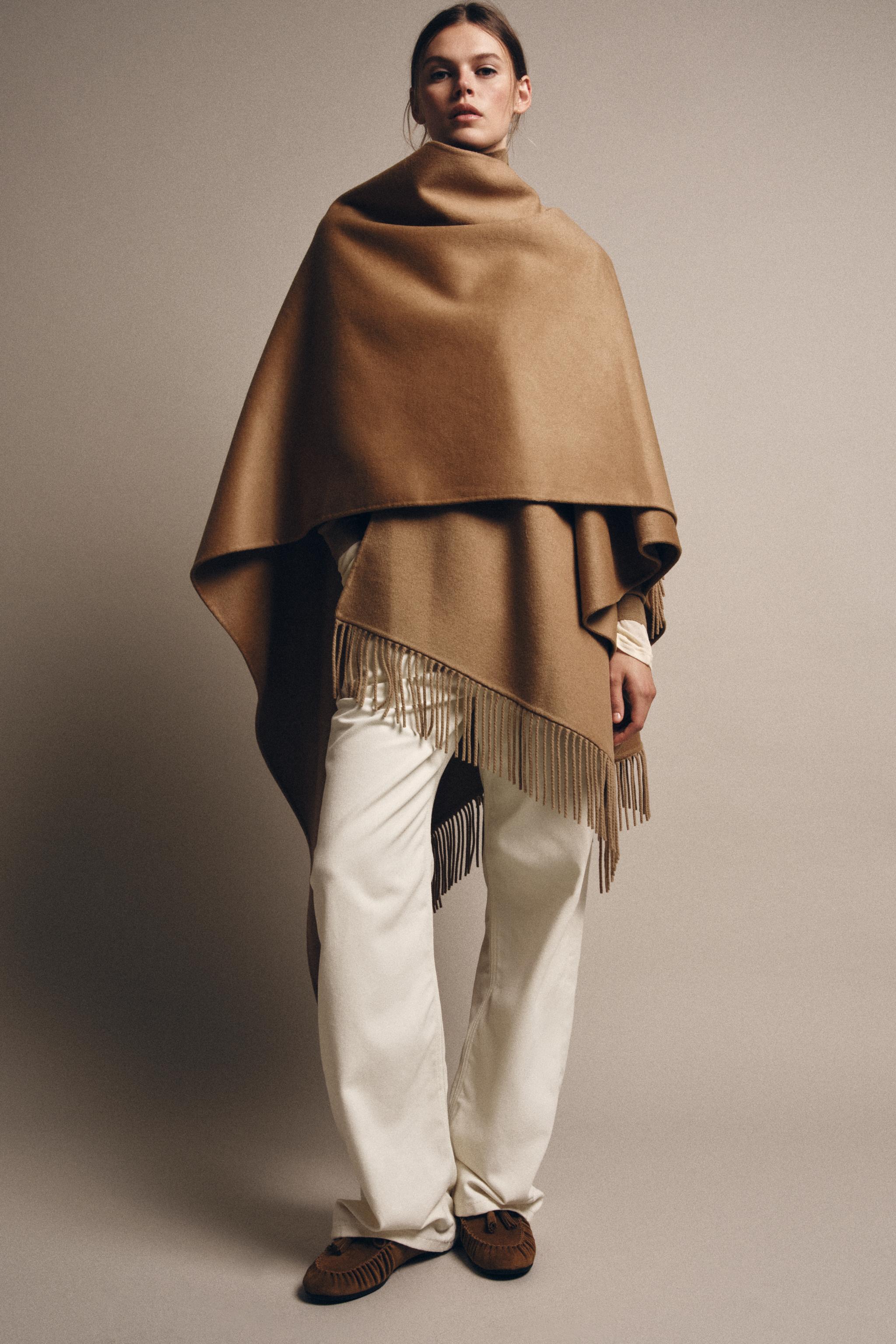 ZARA Fringed Wool Long Cape