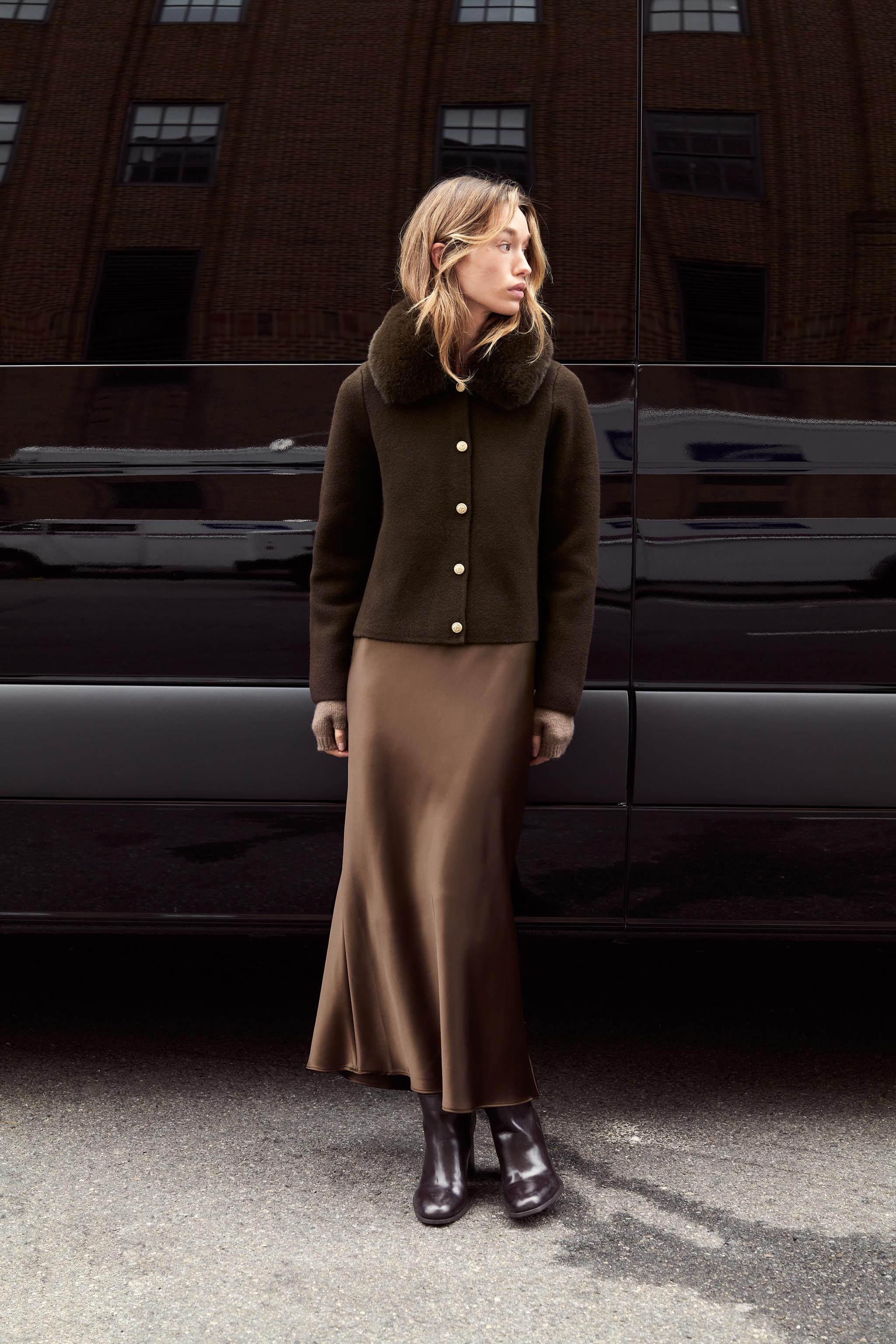 ZARA Cardigan With Faux Fur Collar