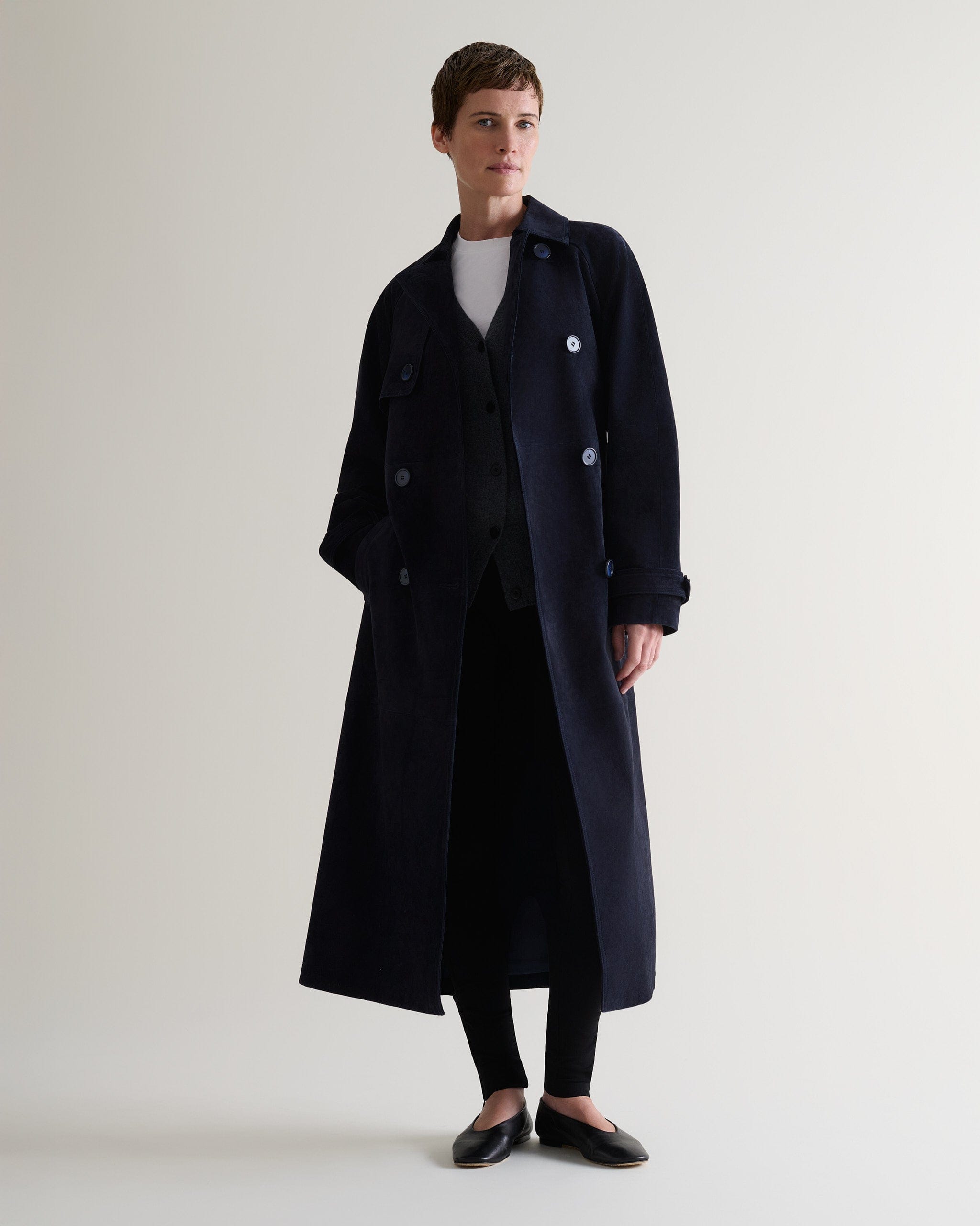 Suede Trench Coat - Navy - Navy / Xs