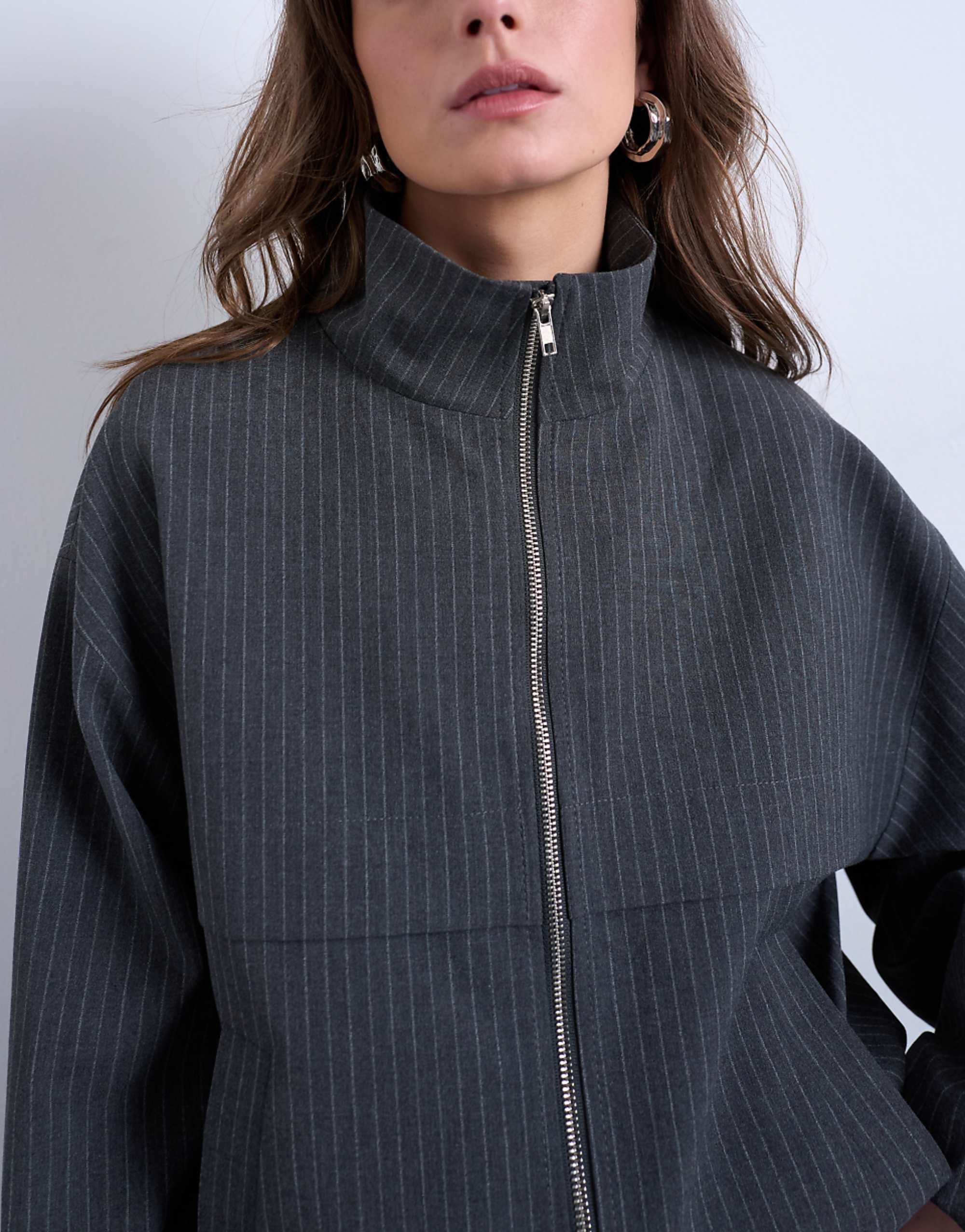 Topshop Funnel Neck Jacket in Charcoal Stripe